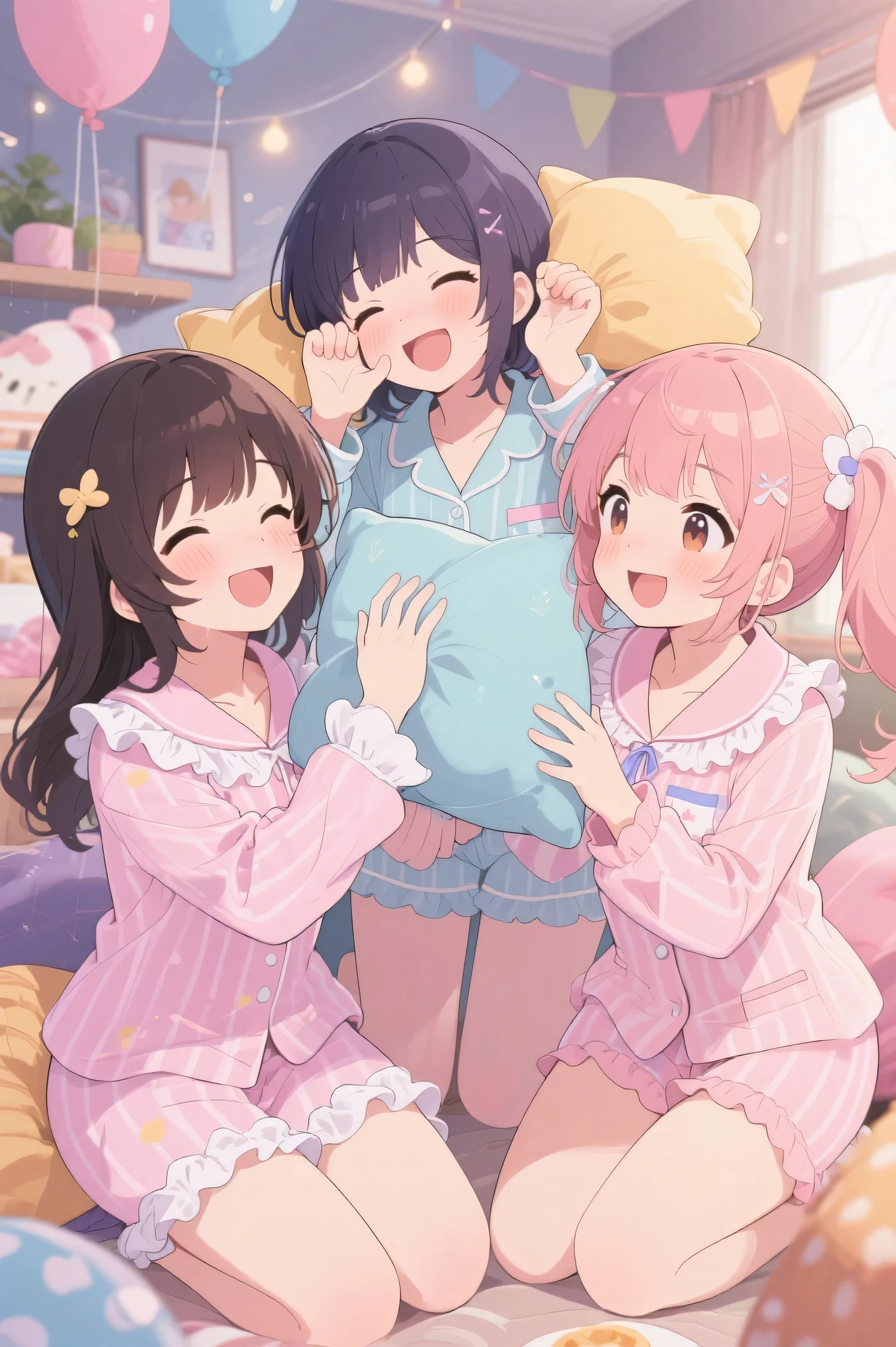 Highest Quality、anime style、girls' pajama party、Girls in pastel-colored ruffled pajamas are smiling and slapping cushions on each other's faces、Cheerful and fun atmosphere、masterpiece