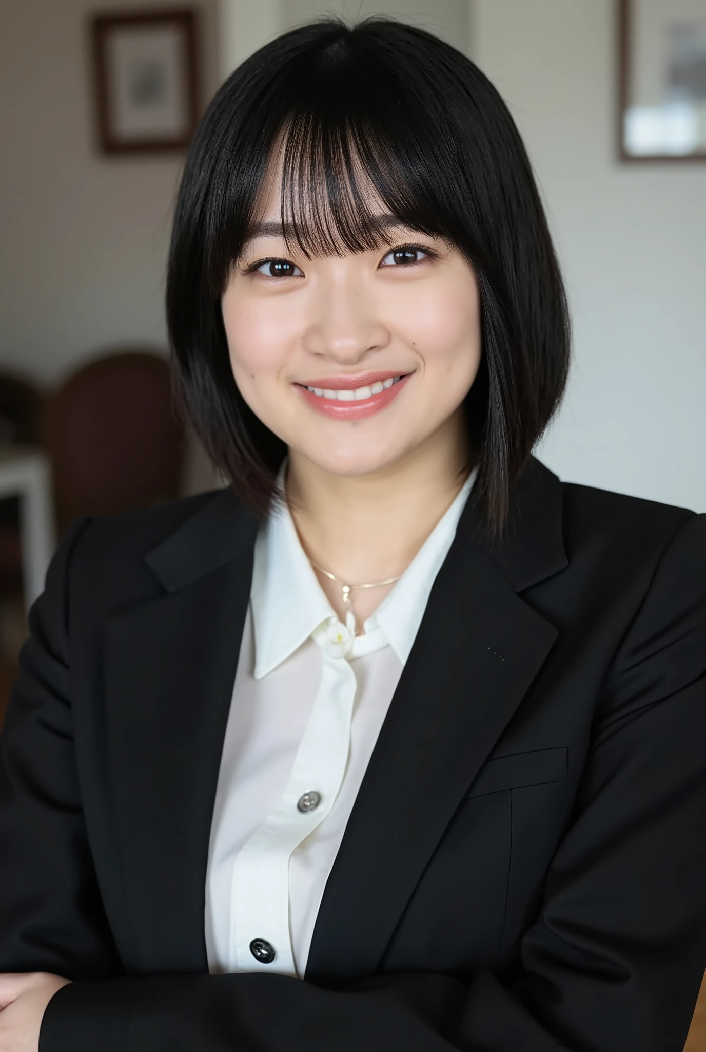 Neat Young Woman、and look at the camera、smile showing teeth、office lady suit、jacket、shirt、Hairstyle Shortcuts、bob hair、black hair、、necklace、dark eyeshadow、upper body、Background is in a room、