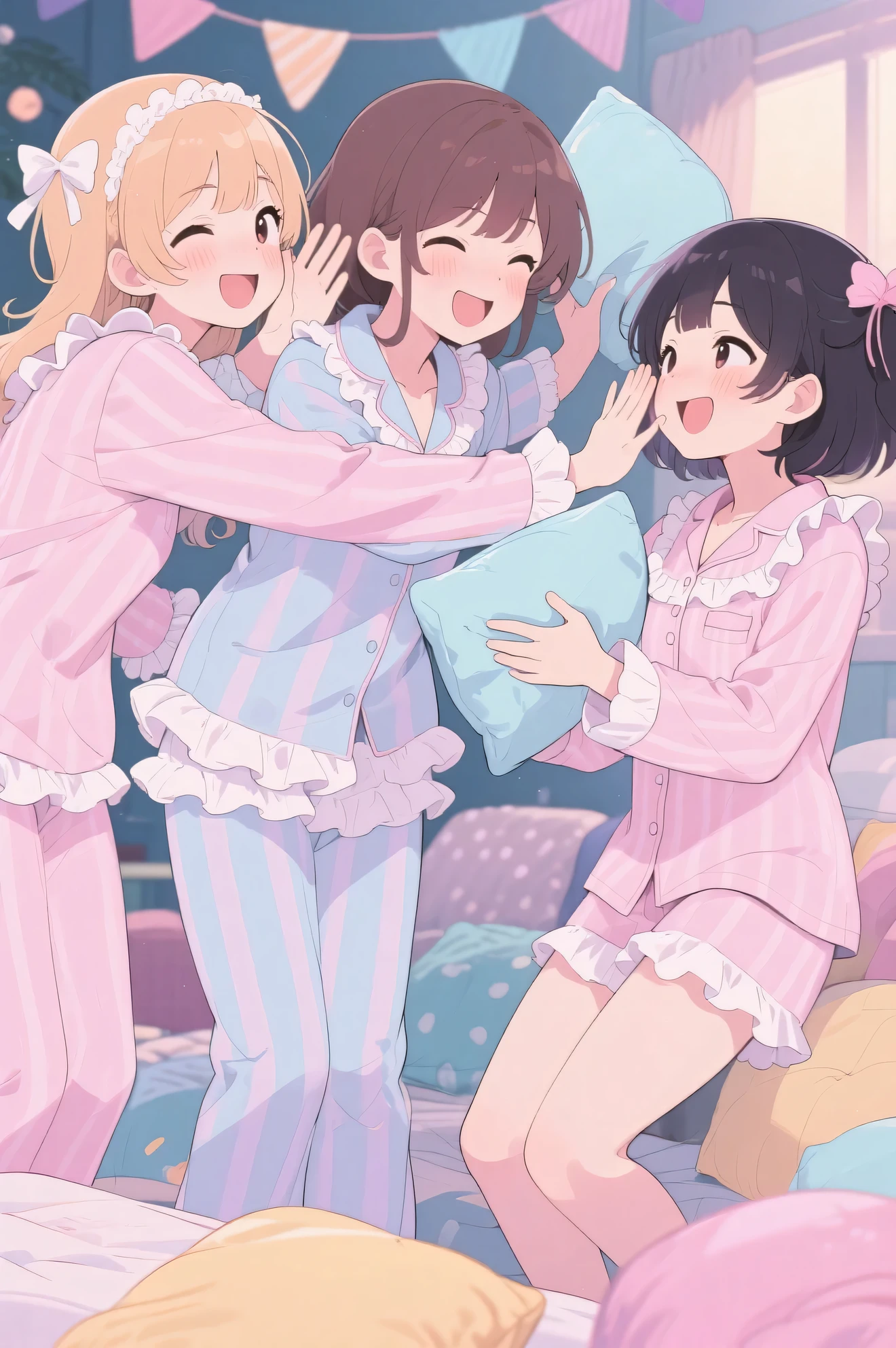 Highest Quality、anime style、girls' pajama party、Girls in pastel-colored ruffled pajamas are smiling and slapping cushions on each other's faces、Cheerful and fun atmosphere、masterpiece