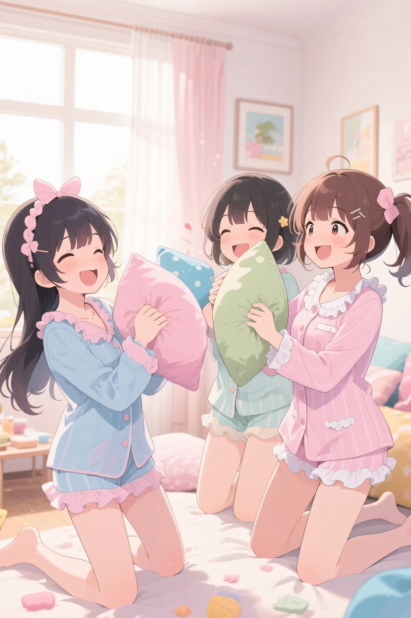 Highest Quality、anime style、girls' pajama party、Girls in pastel-colored ruffled pajamas are smiling and smacking cushions against each other in a bright room、Cheerful and fun atmosphere、masterpiece