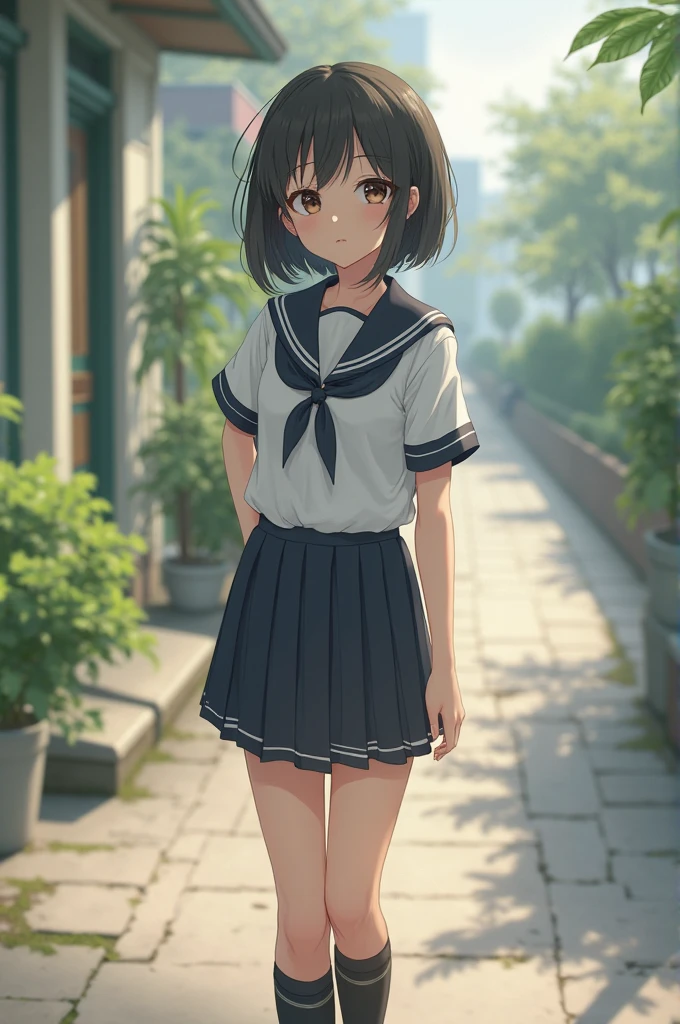 (masterpiece:1.3),(best quality:1.4),ultra high res,(detailed eyes),(detailed facial features),(detailed clothes features),HDR,8k resolution, solo focus, bangs, skin tight, (shiny skin),(slender girl),dreamlike,
(extreme detailed illustration),check commentary,commentary request,scenery,no text,
VirtualGirl-Rin, happy, smile, (small breasts), bangs, bob hair, short hair, brown hair, brown eyes, black choker,
1girl,
student, schoolgirl, white high school uniform,sailor suit,dark red pleated skirt, stockings,sneakers,