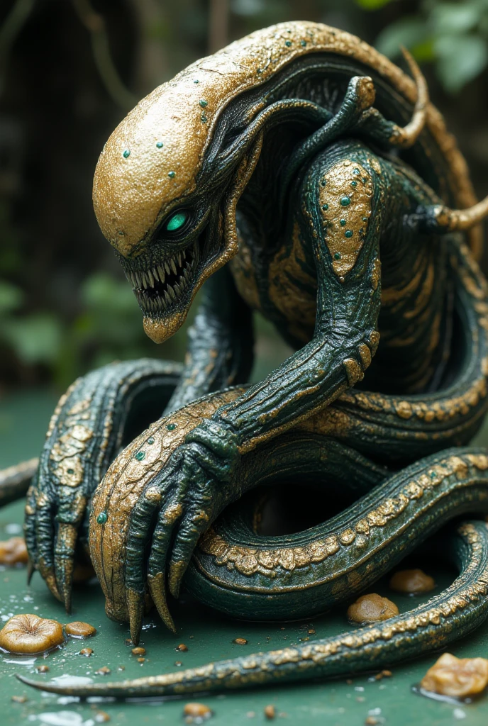 full length xenomorph.gold,silver pattern, moonstone ,small emerald,Malachite, Matte Finish .sharp tail.the floor is shaped like a green puddle, xenomorph cocoon.