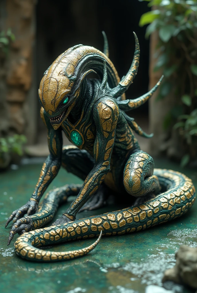 full length xenomorph.gold,silver pattern, moonstone ,small emerald,Malachite, Matte Finish .sharp tail.the floor is shaped like a green puddle, xenomorph cocoon.