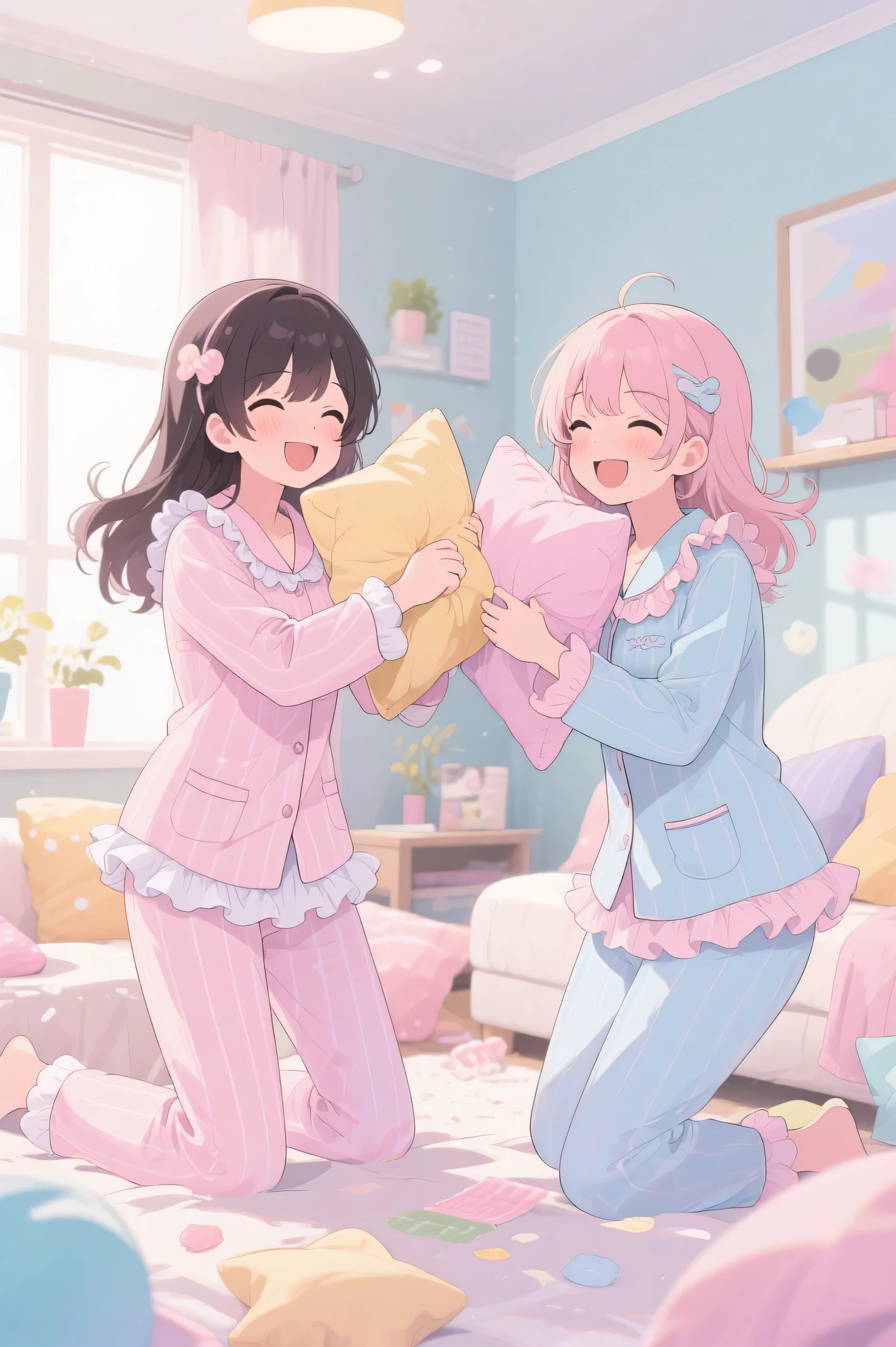 Highest Quality、anime style、girls' pajama party、Girls in pastel-colored ruffled pajamas are smiling and smacking cushions against each other in a bright room、Cheerful and fun atmosphere、masterpiece