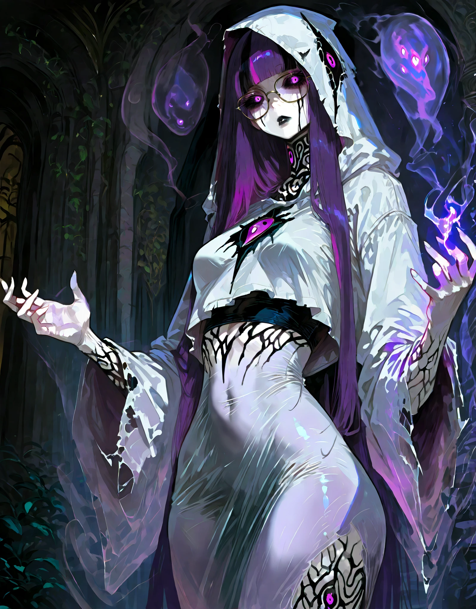 ((NSFW, , best quality, amazing quality, very aesthetic, extremely detailed, intricate details, minute details, detailed background, dramatic cinematic lighting:1.4,incredibly_absurdres, hard light:1.4, masterpiece 8k, vivid colors, rich palette, score_9, score_8_up, score_7_up), ghost woman, ghostfreak skin\(ghostfreak, ghostfreak body, white skin, solo, no humans, purple eye, black sclera, ghost, small breasts, straight bangs,, straight hair, long hair, purple hair, glasses, black crop top, black lips, white hood, white tunic whith black streaks, black marks, stripes, multi eyes\)