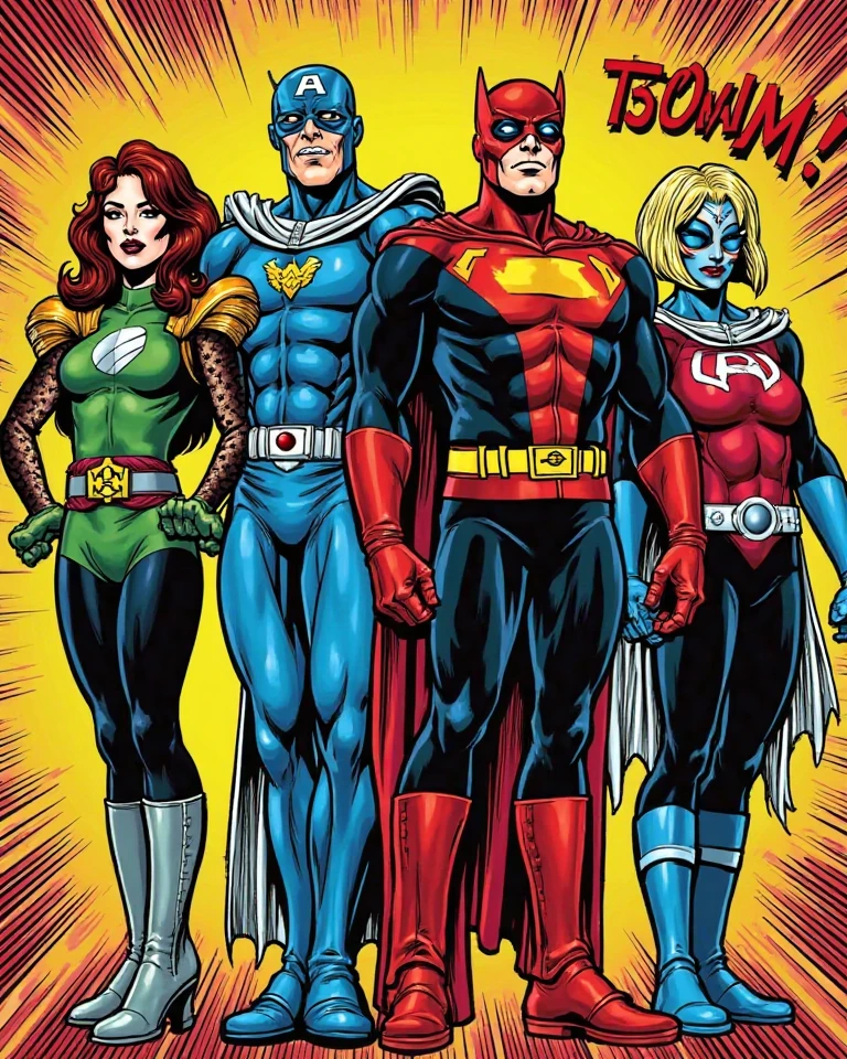 a group of sexy male and female superheroes, cover artwork, 2D flat, colored illustration, graphic novel style, cross hatching, inked, comic style, sharp, extreme detailed, HD, HDR, 4K, masterpiece, high quality, high resolution, breathtaking, award-winning, professional