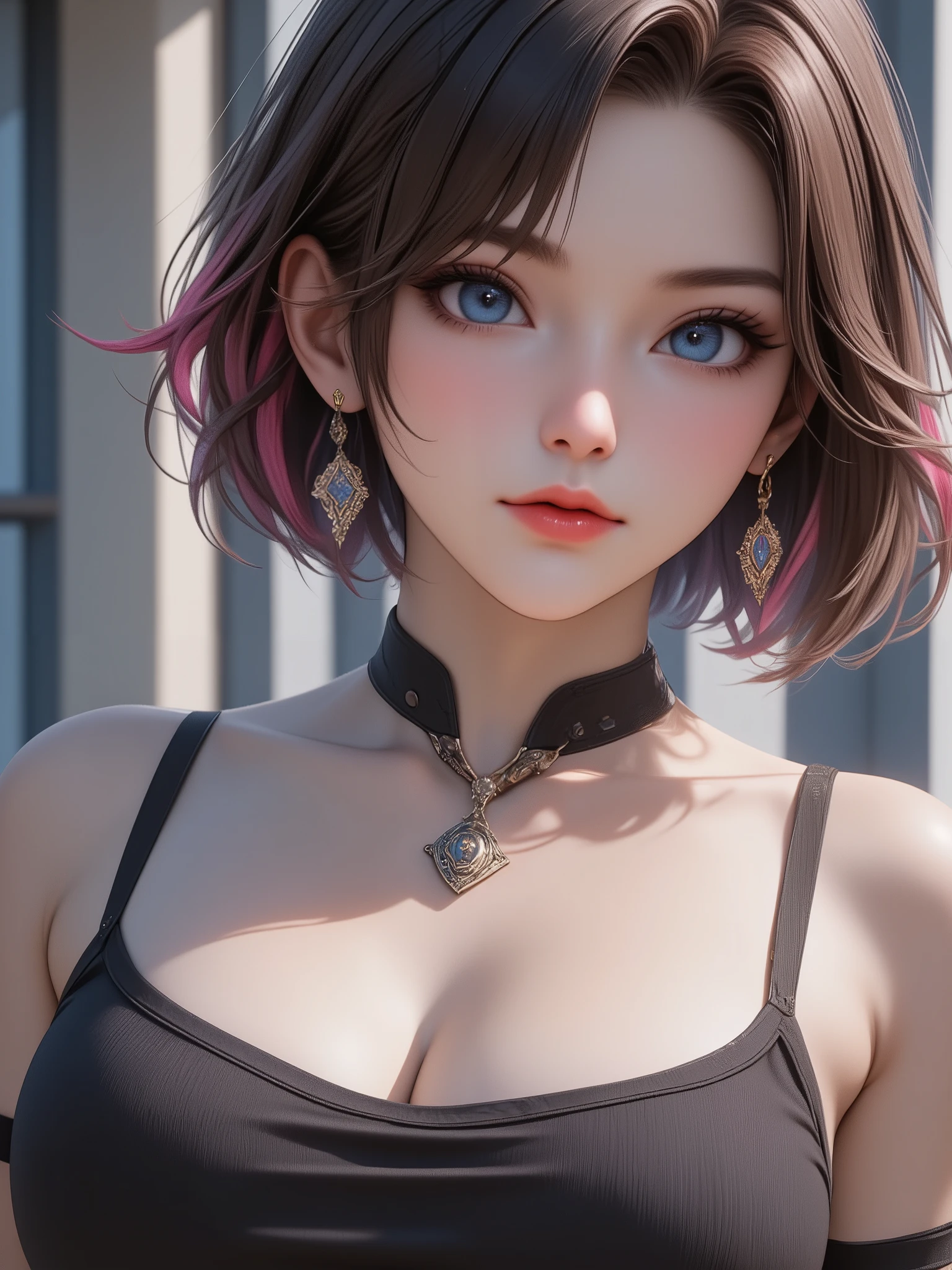 Cyberpunk, Beautiful, girl, detailed portrait, 4 thousand., bright colors, conceptual art, cinematic dramatic atmosphere, Sharp Focus, Volumetric lighting, cinematic lighting, studio quality,score_9,score_8_up,score_7_up,masterpiece,best quality, perfect anatomy, very aesthetic, official art, best quality, masterpiece, High resolution, portrait, actual, blue eyes, black pink short hair color tone, cleavage, 8K resolution, high quality CG, Beautiful CG, Soft Light, fashion brand image, Fashionable and casual, The Tyndall effect, lifelike, studio, Side lighting, (HD Skin:1.2), 8K超高清, high quality, Volumetric lighting, confess, photography, 超High resolution, 8K, Bokeh, Shallow depth of field