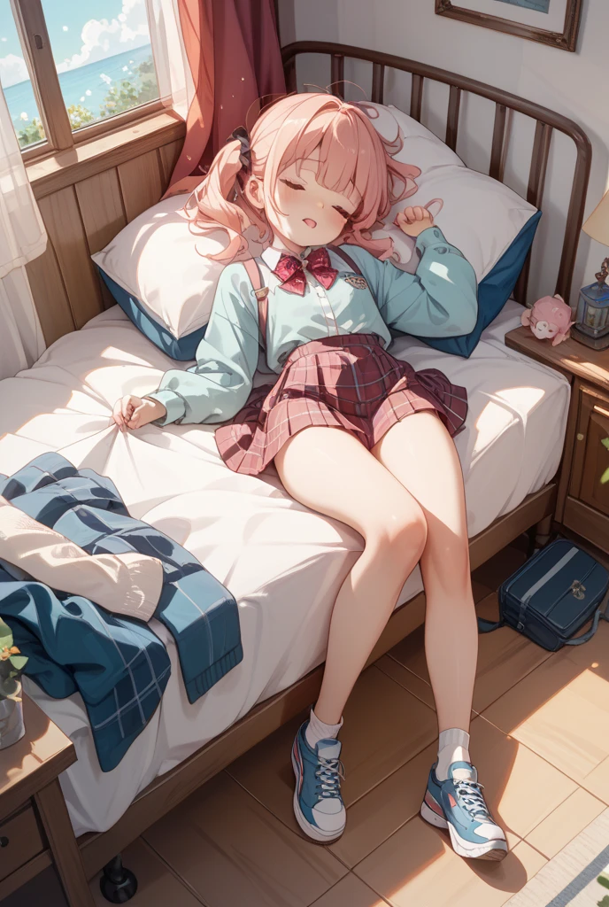 Gray shirt,Lying in bed，Legs were spread apart,idol, yuri, harem, bishoujo, masterpiece,best quality,official art,extremely detailed CG unity 8k wallpaper, original, wallpaper, absurdres,light cherry blossom powder middle hair,bangs, pink hairband, nose blush , shy, embarrassed , aqua eyes, beautiful detailed eyes, white eyes,grey mesh, There is a pattern on the chest,Bare legs,Fair pink skin,grey frilled bobby socks and loose socks, Grey pleated skirt,White sneakers,At the mall,Photo poses,