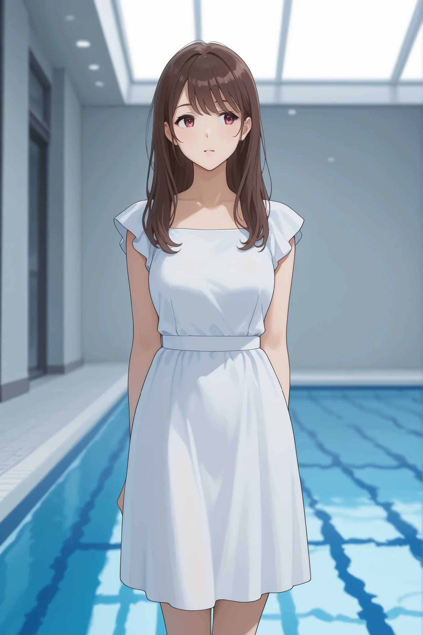 came out of the pool wearing a black and white dress、Japanese woman with medium brown hair