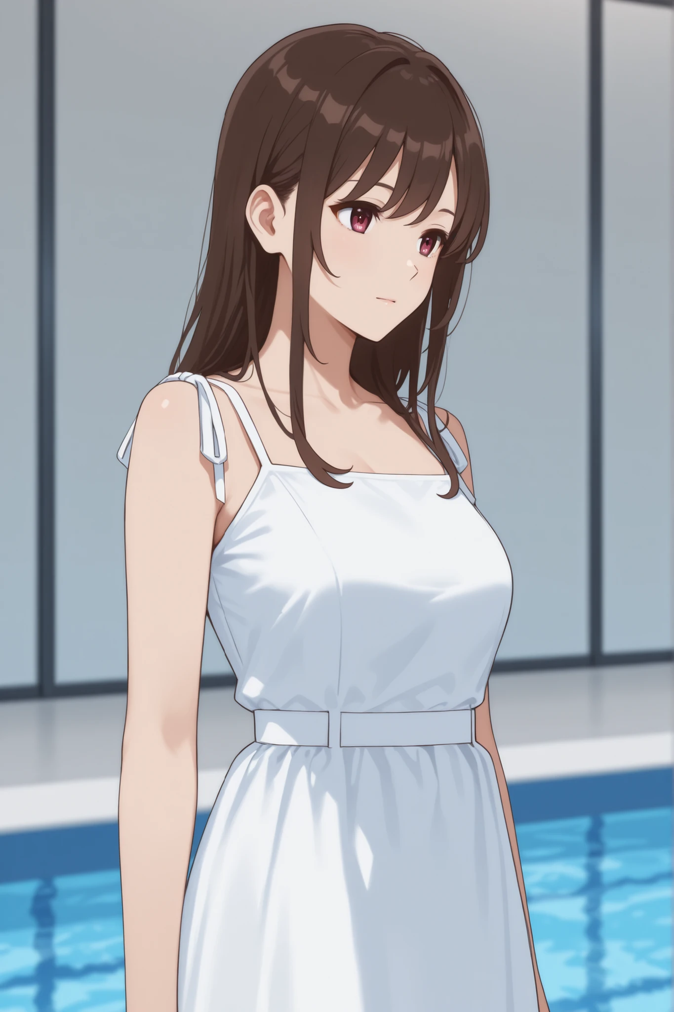 came out of the pool wearing a black and white dress、Japanese woman with medium brown hair
