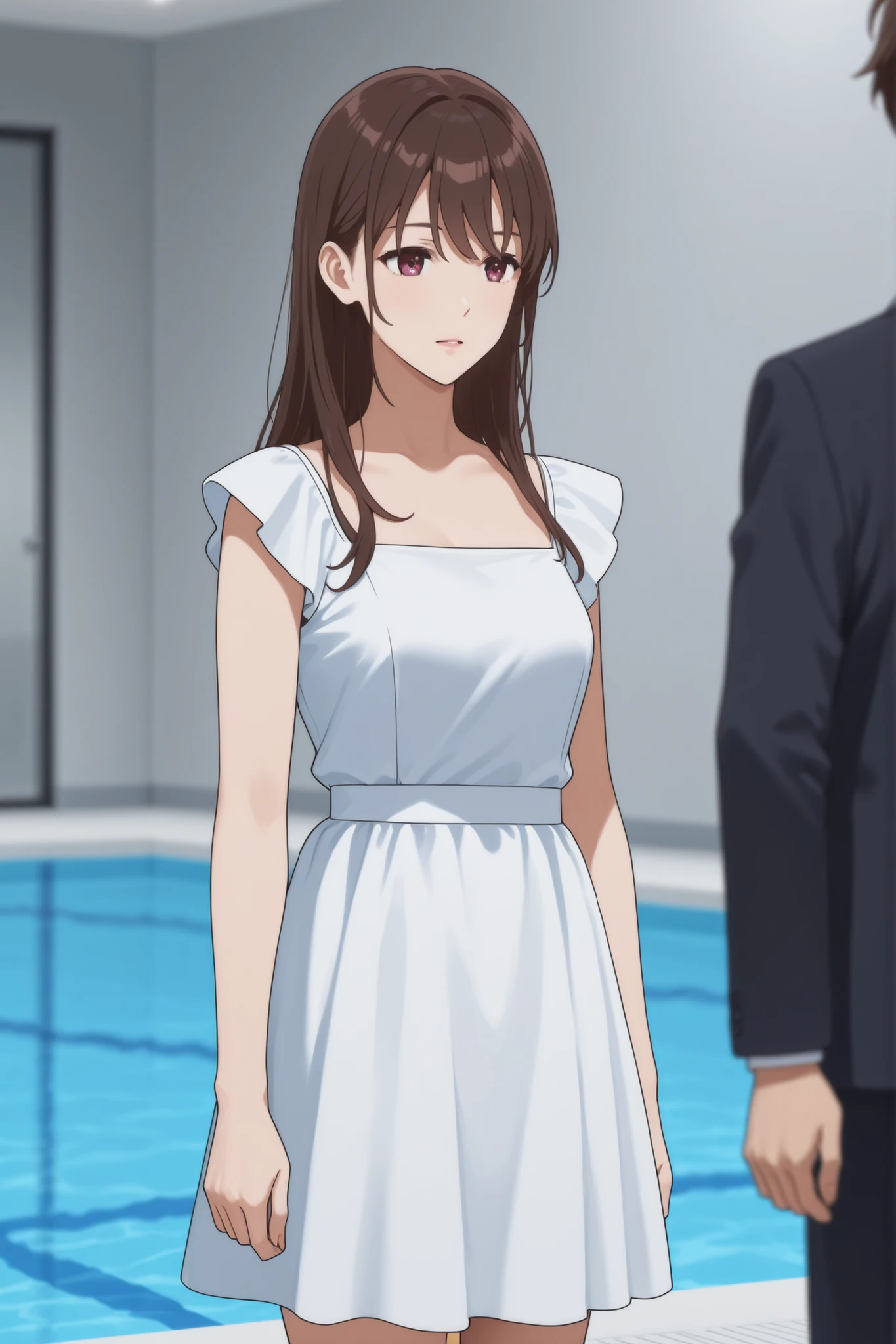 came out of the pool wearing a black and white dress、Japanese woman with medium brown hair
