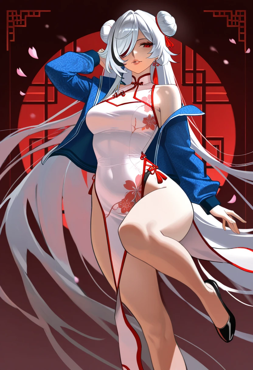 1girl, solo, red_chinese_cheongsam, blue_chinese_jacket, (white_hair), red_eyes, double_bun, long_hair, hair_over_one_eye, tall, mature_female, curvy, (fu_hua_(herrscher_of_sentience):0.7), skin_fang, full_body, dynamic_pose, multiple_poses, expressive,moonlit_night, cherry_blossom_petals_falling, traditional_chinese_garden,half_turned, looking_over_shoulder, seductive_glance, lips_slightly_parting, hand_touching_hair, dark_ambience