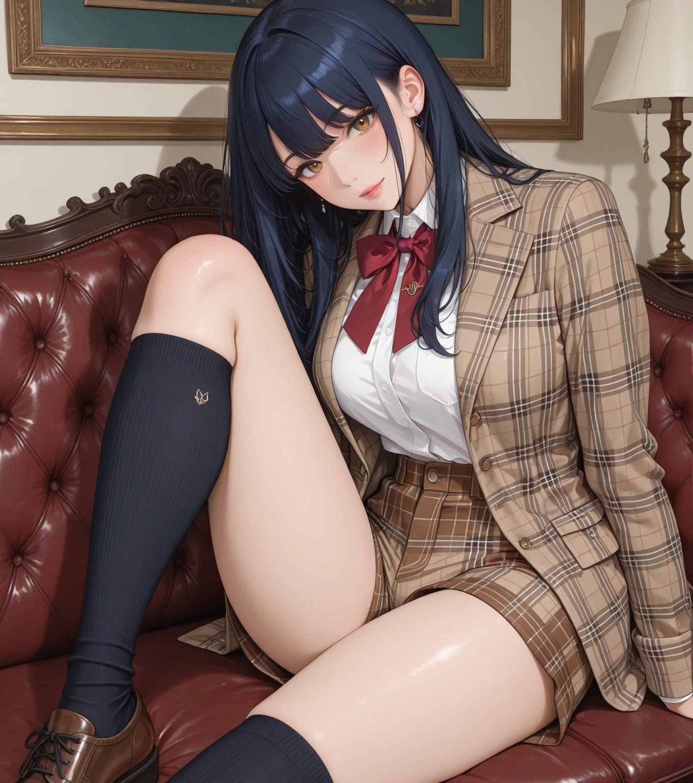 (score_9, score_8_up, score_7_up:1.5), (source_anime:1.5), (ai-generated:1.5), (insanely detailed:1.5), (PA7_Human-Likeness:1.5), (Brightly-lit:1.5), (Maximize Detail Slider:1.5), BREAK 1girl, breasts, (softly pleasure out:2.6), blush, black hair, bare thighs, sex, on side, lying, lying on side, vaginal, bare thighs, blazer, 1boy, (deep penetration:2.0), purple eyes, hetero, (thick thighs:1.2), penis, (interracial:2.0), puffy pussy lips, solo focus, blue blazer, spread legs, pleated skirt, collared shirt, uncensored, bowtie, blue nails, straight hair, full body, striped skirt, (score_9, score_8_up:1.1), komi shouko, komi-san, komi can't communicate, tag veiny.