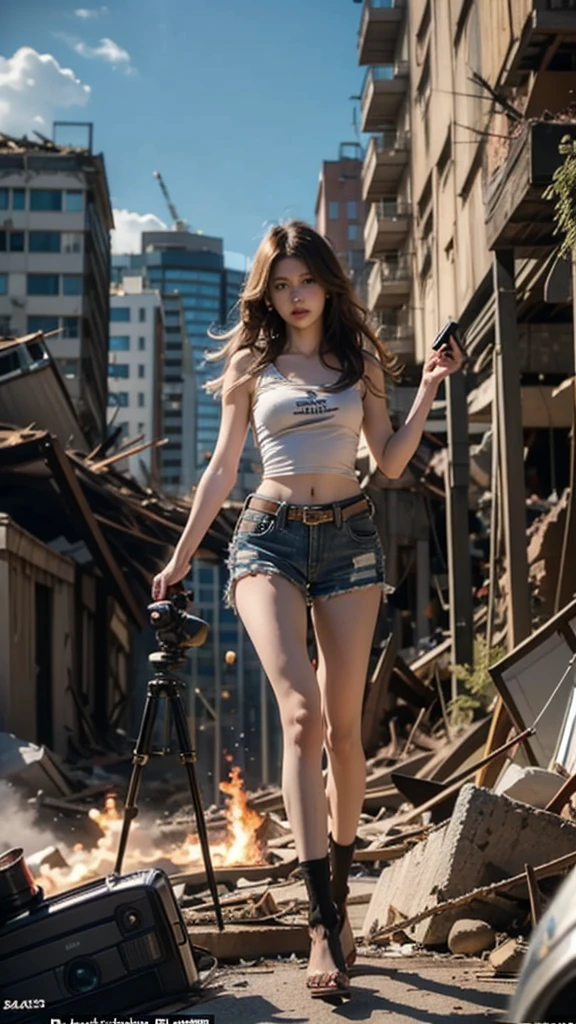An Asian beauty stands naked among the ruins,No clothes