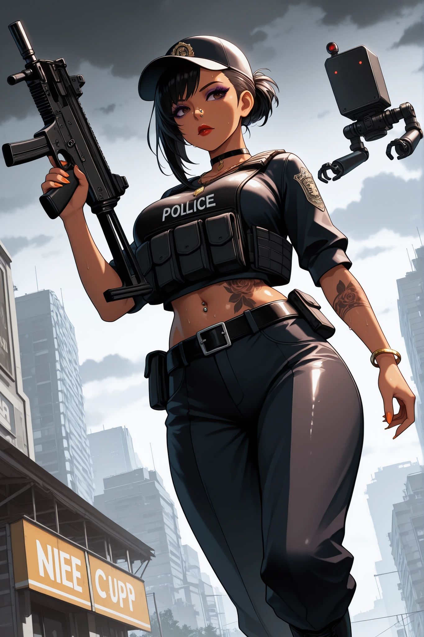 score_9, score_8_up, score_7_up, masterpiece, best quality, absurdres, highres, high quality, highly detailed, 8K, incredibly absurdres, ultra-detailed, CG, unity, 8k wallpaper, realistic, photorealistic:1.2, raw photo:1.2, detailed face:1.4, beautiful detailed eyes:1.2, detailed hair, light on face, huge filesize, cinematic lighting, 1girl, arabic, dark skin, transgender, milf, large natural breasts, sidecut, asymmetrical hair, black hair, brown eyes, sexy choker, necklace, jewelry, bracelets, purple eyeshadow, long eyelashes, red lips, glossy lips, long nails, orange nail polish, belly piercing, nose piercing, body tattoos, sweat, shiny skin, baseball cap, belt, boots, bulletproof vest, police uniform, holding weapon, h&k mp5, submachine gun, running with a floating pod companion like NieR: Automata, Dystopian Future, city, building, In'ei, chiaroscuro, rim lighting, perfect depth of field shot, beautiful, sharp focus, crisp details, subsurface scattering and reflections, idealized city, wide boulevards, busy city center, large plazas, photographic anime clouds and haze, dark rainy overcast skies, black clouds, abysmal haze, photographic realism, skyscrapers, 8K CGI render, oppressive scale of architecture, black titanium, science fiction masterpiece, mountains, metropolis, dutch angle.