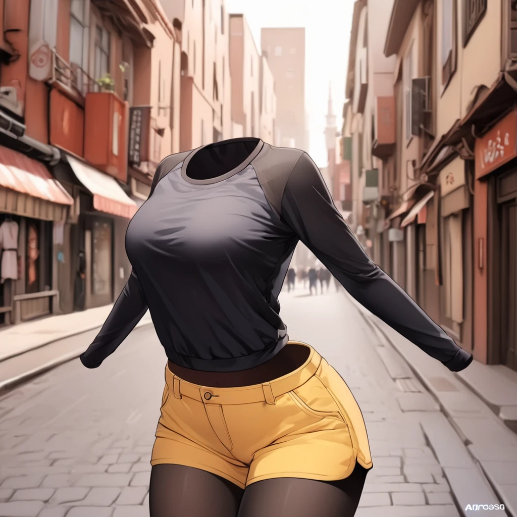 (invisible:1.5, no humans:1.5, headless:1.5, faceless:1.5), ( aarosa, shirt, raglan sleeves, short shorts, yellow shorts, pantyhose under shorts, black pantyhose, dynamic pose:1.2), in city, (big breast), (best quality, masterpiece:1.2), (((detailed cloth texture, detailed anime, super fine illustration)))