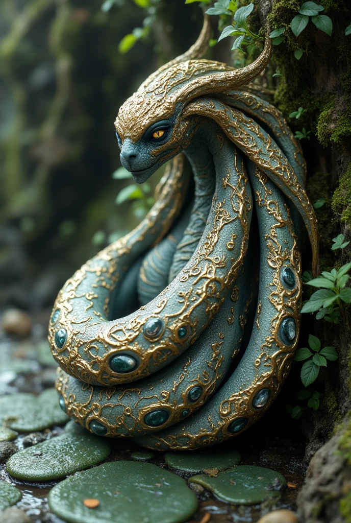 The full-length alien life form.gold,silver pattern, moonstone ,small emerald,Malachite, Matte Finish .sharp tail.floor is in the shape of a green puddle, the otherworldly life form's cocoon.