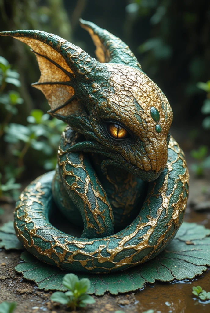 The full-length alien life form.gold,silver pattern, moonstone ,small emerald,Malachite, Matte Finish .sharp tail.floor is in the shape of a green puddle, the otherworldly life form's cocoon.