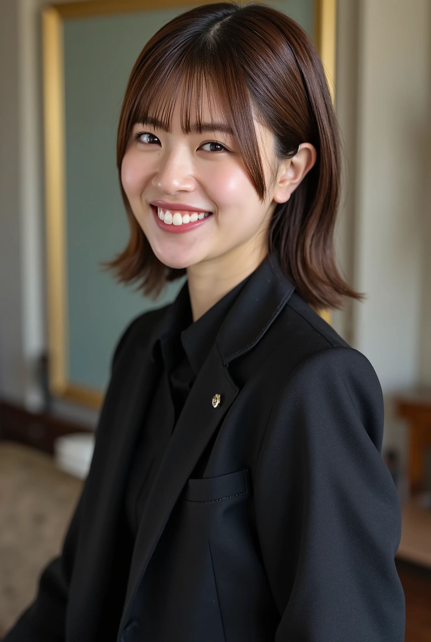 Neat Young Woman、and look at the camera、smile showing teeth、office lady suit、jacket、shirt、髪型ショートカット、 、dark eyeshadow、upper body、Background is in a room、
