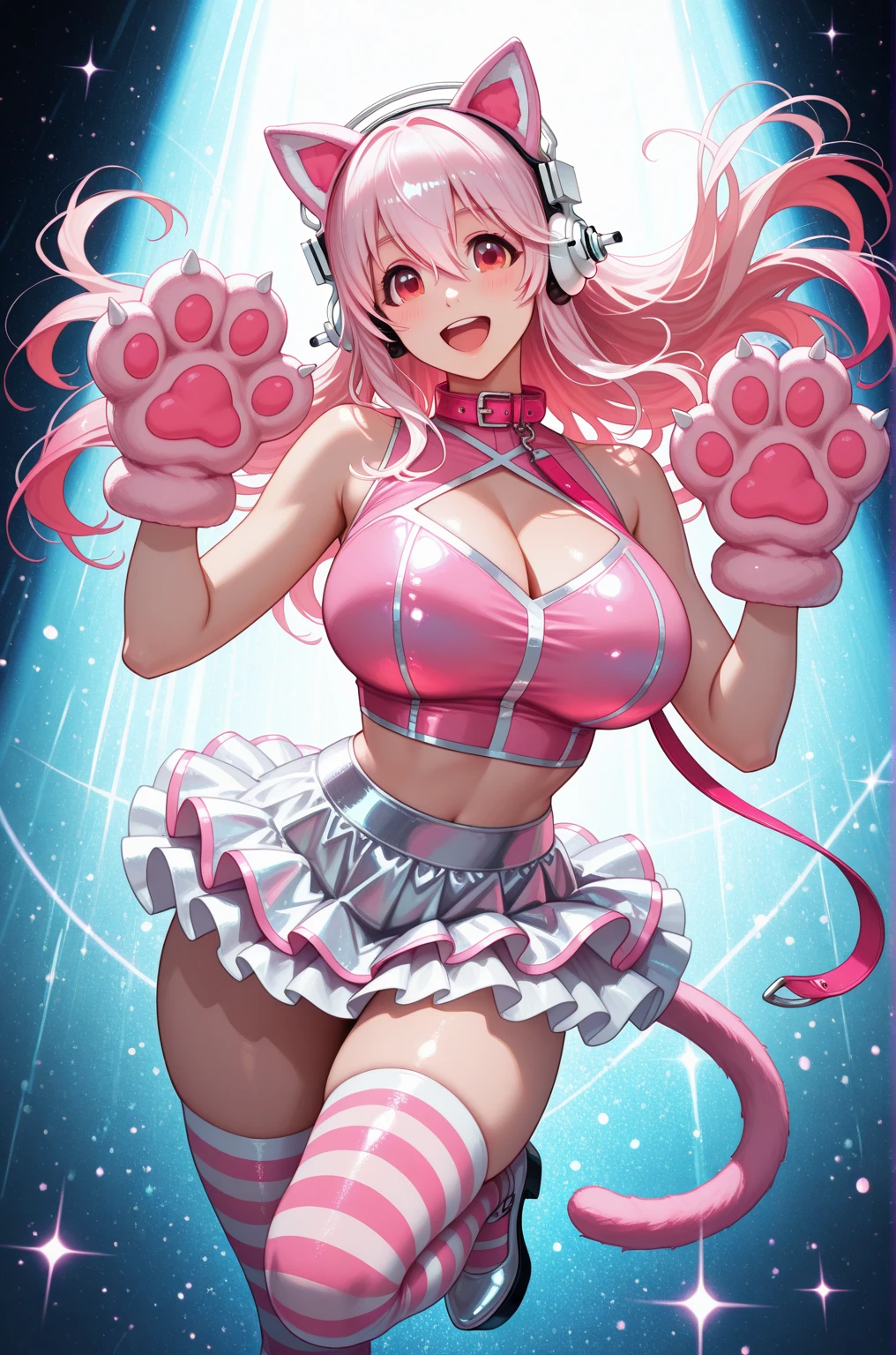 Happy , with wolf ears and pink hair, holding her cheeks, wolf tail, wearing a latex dress, looking at veiwer, full body, you can see her chest, naked breasts