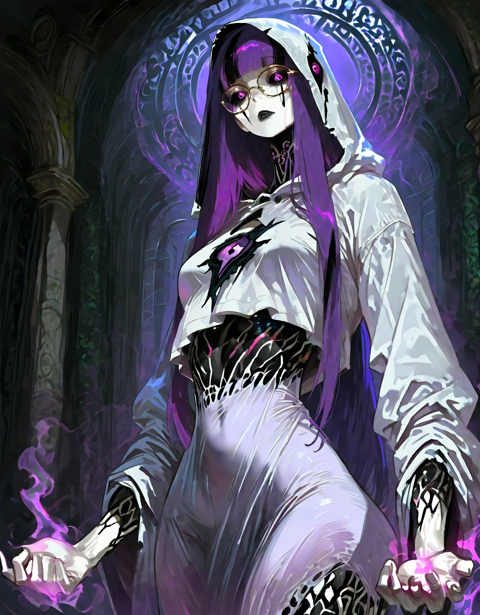 ((NSFW, , best quality, amazing quality, very aesthetic, extremely detailed, intricate details, minute details, detailed background, dramatic cinematic lighting:1.4,incredibly_absurdres, hard light:1.4, masterpiece 8k, vivid colors, rich palette, score_9, score_8_up, score_7_up), ghost woman, ghostfreak skin\(ghostfreak, ghostfreak body, white skin, solo, no humans, purple eye, black sclera, ghost, small breasts, straight bangs,, straight hair, long hair, purple hair, glasses, black crop top, black lips, white hood, white tunic whith black streaks, black marks, stripes, multi eyes\)