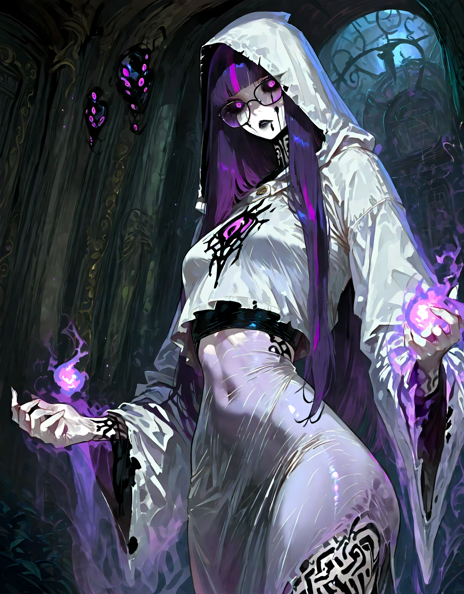 ((NSFW, , best quality, amazing quality, very aesthetic, extremely detailed, intricate details, minute details, detailed background, dramatic cinematic lighting:1.4,incredibly_absurdres, hard light:1.4, masterpiece 8k, vivid colors, rich palette, score_9, score_8_up, score_7_up), ghost woman, ghostfreak skin\(ghostfreak, ghostfreak body, white skin, solo, no humans, purple eye, black sclera, ghost, small breasts, straight bangs,, straight hair, long hair, purple hair, glasses, black crop top, black lips, white hood, white tunic whith black streaks, black marks, stripes, multi eyes\)
