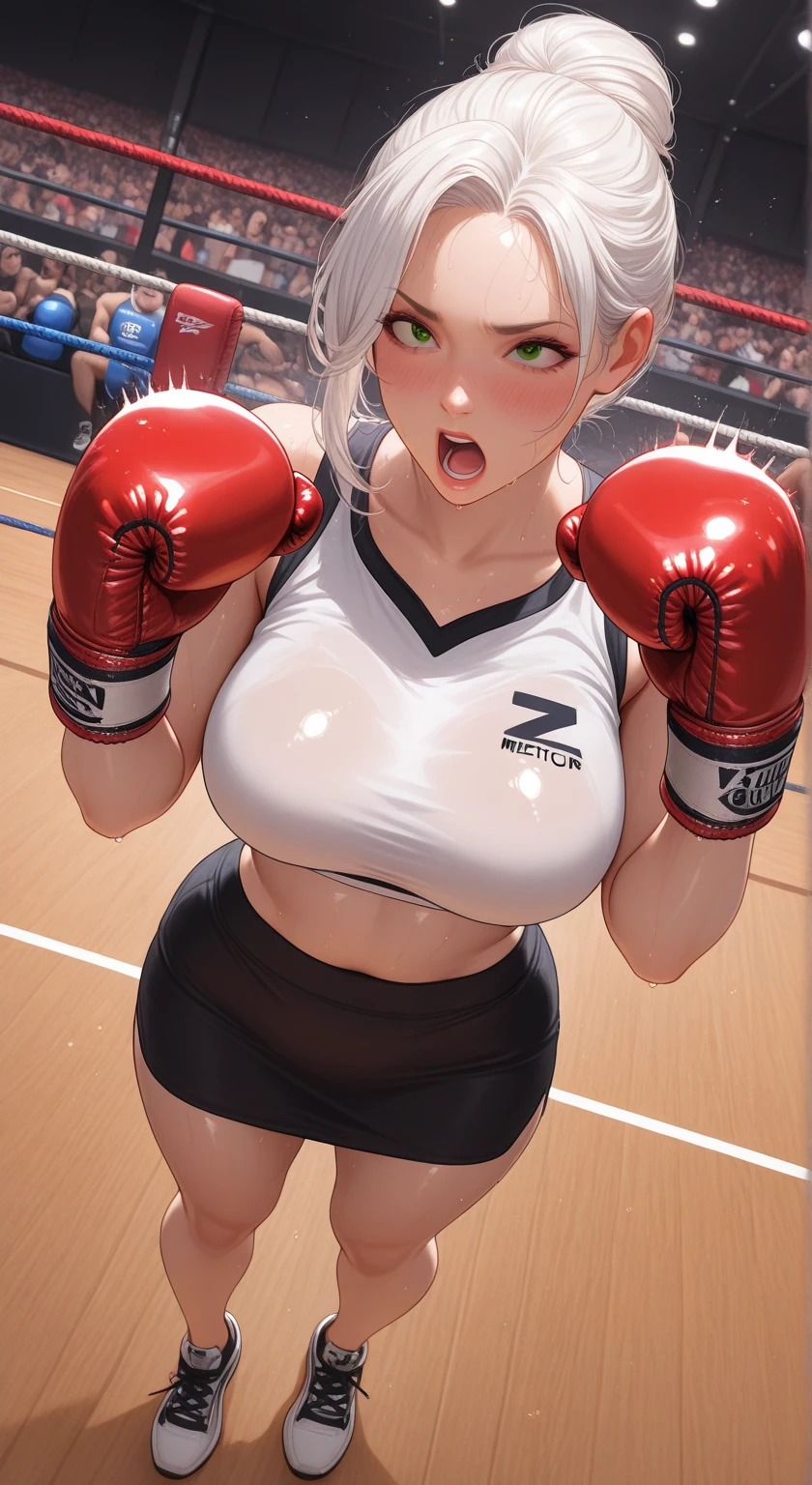 korean beautifull girl,18 years old,Pretty Face,Good shape,detailed picture, Seductive expression, blush,White long hair, Wear sports bras,Soaked,Wear black garter stockings,No shoes, Wearing black boxing gloves,Black sleeves on arms, Sit in the boxing ring and stretch one foot forward,Large ,Cleavagegs,Thin waist,nipple,Camel to