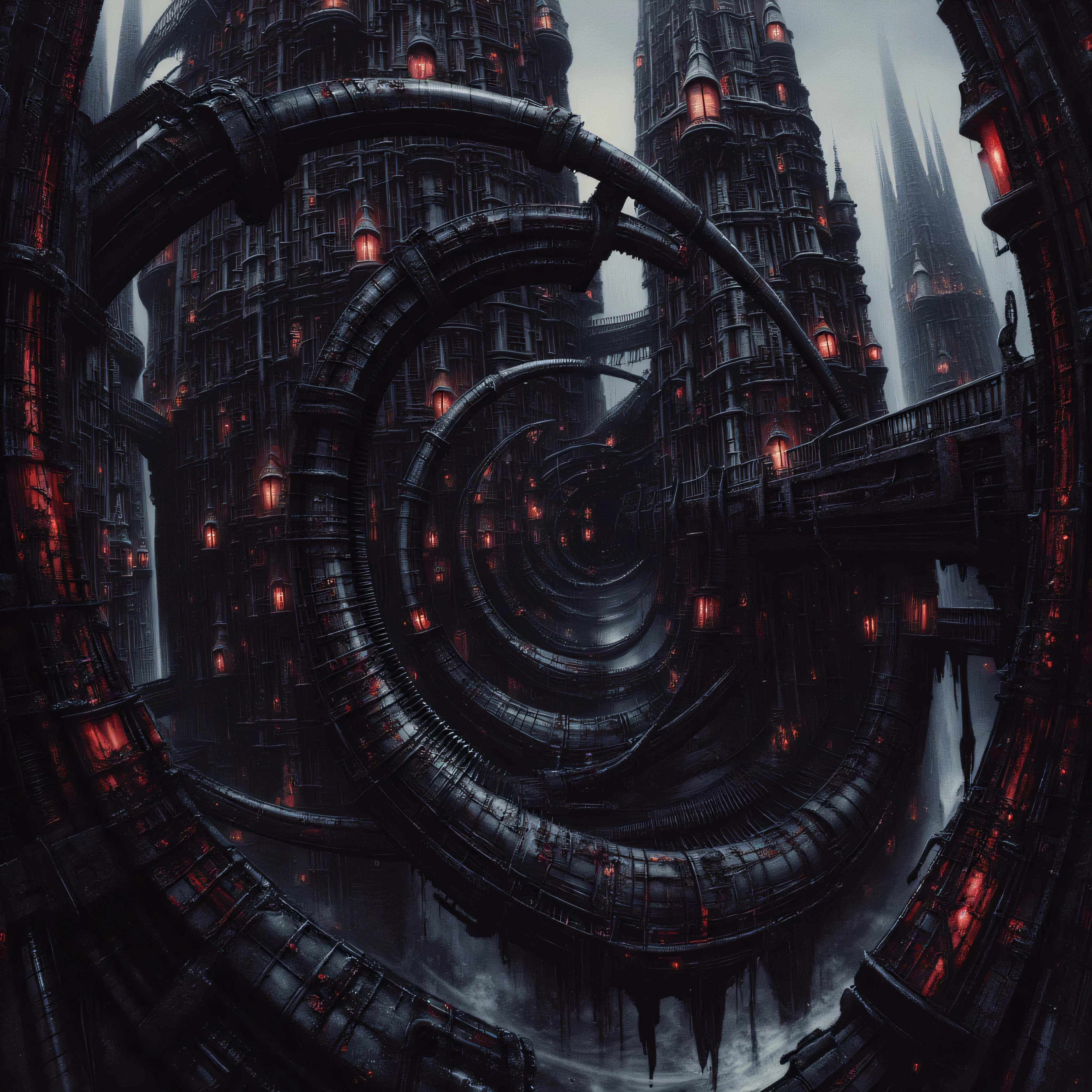 Logo. maximalism. It's a creepy dungeon. a super-developed settlement of terrible aliens. black architecture with white elements. Tall, nightmarish buildings, spires with lighthouses that glow with a blood-red light. The buildings are spiral-shaped, covered with red veins. horror
