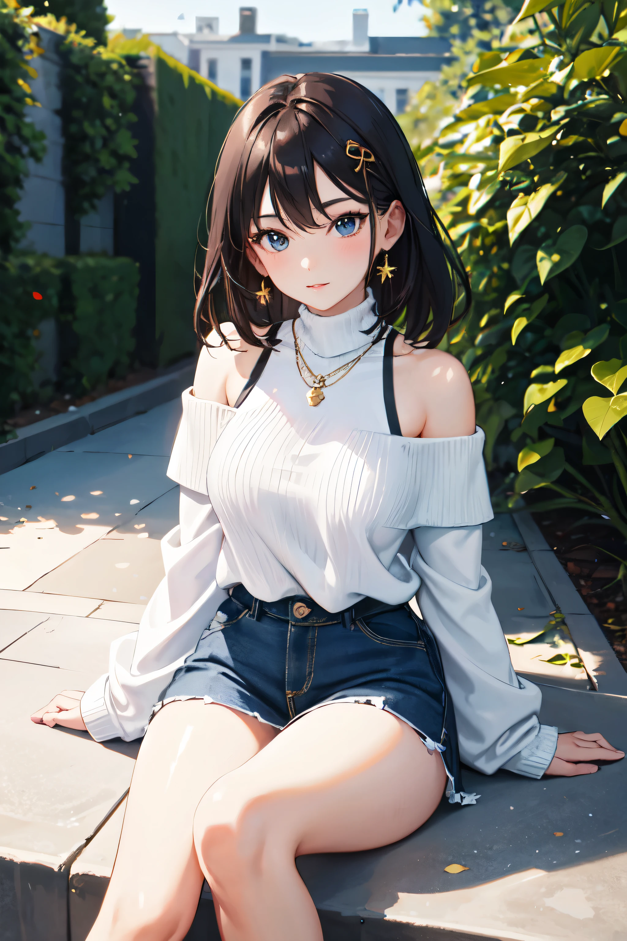 arte oficial, papel de parede 8k da unidade, ultra detalhado, handsome and aesthetic, lindo, vista do local, pernas abertas, cabelo longo, curto, seios grandes, uma menina, pernas grossas, cabelo liso, hinata, hyuuga hinata, olhos vazios, olhos brancos , pupila branca, quadril largo, barriga de fora, denim trousers, brassier, seios para fora, tight jeans, blusa preta, ombros de fora