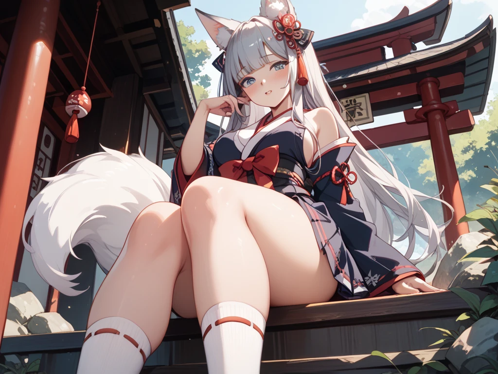 inside Japanese room, 1girl, ahoge, happy smile, full body, large thighs, animal_ears, bare_shoulders, black_jacket, black_shirt, breasts, earrings, eyebrows_visible_through_hair, skin-trimmed_jacket, fur_trim, grey_eyes, white_hair, hair_between_eyes, jacket, jewelry, large_breasts, cat_ears, cat_girl, long_hair, looking_at_viewer, big_breasts, necklace, off_shoulder, open_mouth,  shirt, shishiro_botan, skirt, sleeveless, solo, kawaii style