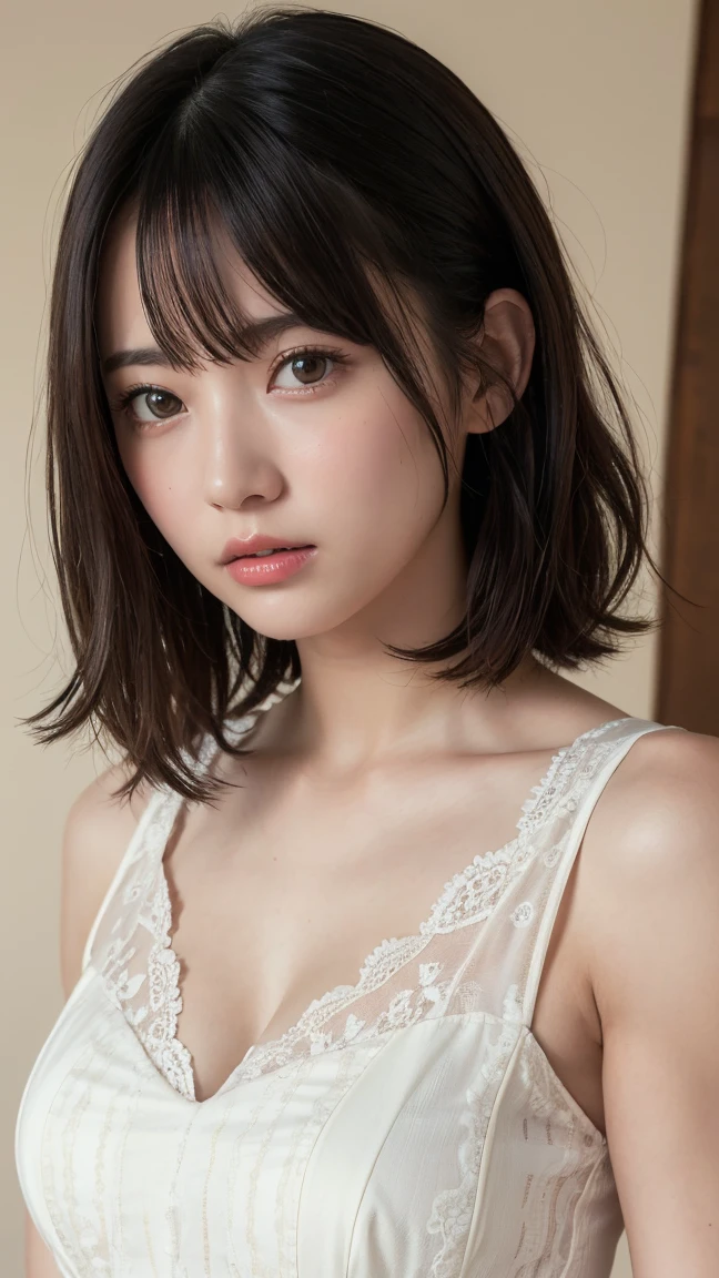 (masterpiece), (Highest quality), (Super detailed),(Disheveled Hair),(figure), (One girl), 1、,Beautiful attention to detail,triangle face、 Delicate and beautiful face,freckles ､((No makeup))､､(midelioam)､floating,(High saturation),), Light-colored lips､(mouthを閉じた)、Soft Breasts､ Black Hair, bangs, Hair Ring, Floating hair, (The Shining), Best lighting, Best Shadow,(((NUDE)))、((Realistic)), RAW Candid Cinema, 16mm, Color Grading Portra 400 Film, Prominent colors, Ultra-realistic, Filmed with a movie camera, Detailed skin texture, Scattered beneath the surface、 (((cute refugee woman)))、 Highest quality, Very dark underground slums, (Solitary confinement),low length､Petite､ (Pretty face, Detailed face:1.2), (((Round face)))､((pubic hair)、(((full body))), Black Hair､Short Bob､Messy Hair､bangs､Large Breasts, 、(Detailed eyes)、(True Face)　((No makeup))、(((Thin lips)))、((((Scared))))、 (((pretty girl)))、((Highest quality、8k、masterpiece:1.3))、((((Dark basement))))、 (((Sleep on your back,lingerie:1.5))),(((blush,Open_mouth,upper_body,Underarm:1.5)))