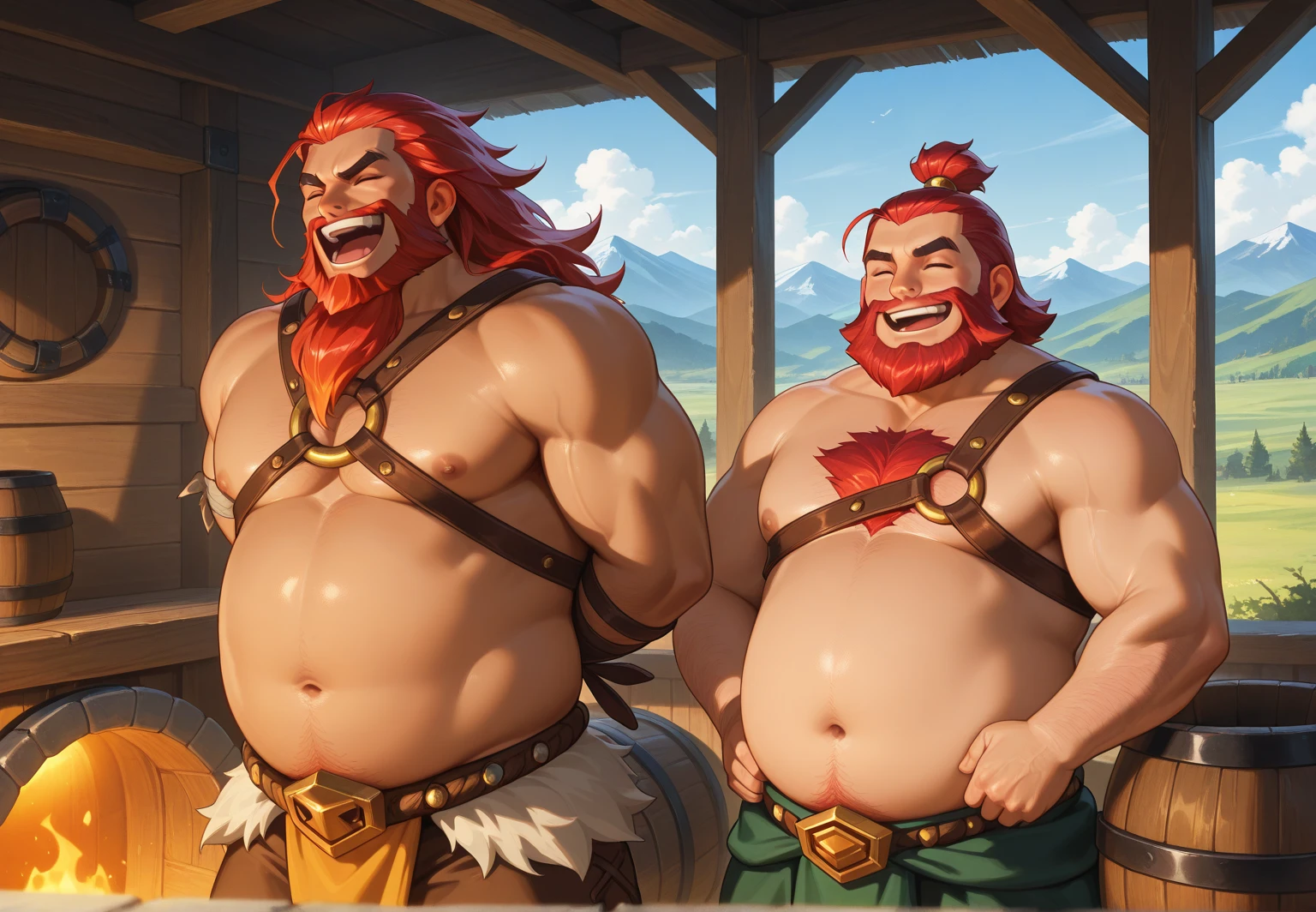 a 1.25 tall dwarf, with short red hair and a long red beard wearing a blacksmith's uniform. His body is in the bara style, he has a lot of muscle, but he still has a little fat and a little belly. His appearance is masculine and he always seems to be in a bad mood. Character design full body fantasy middle age