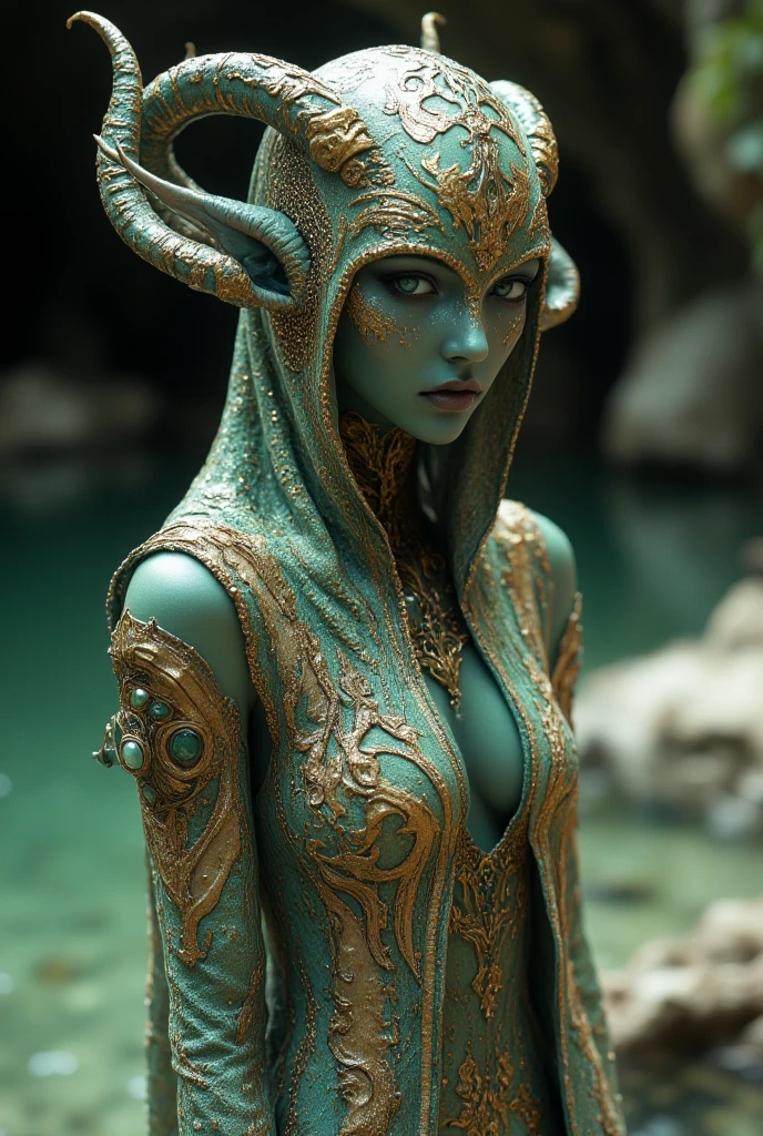 The full-length alien life form.gold,silver pattern, moonstone ,small emerald,Malachite, Matte Finish .sharp tail.the floor is shaped like a green puddle, the otherworldly life form's cocoon.