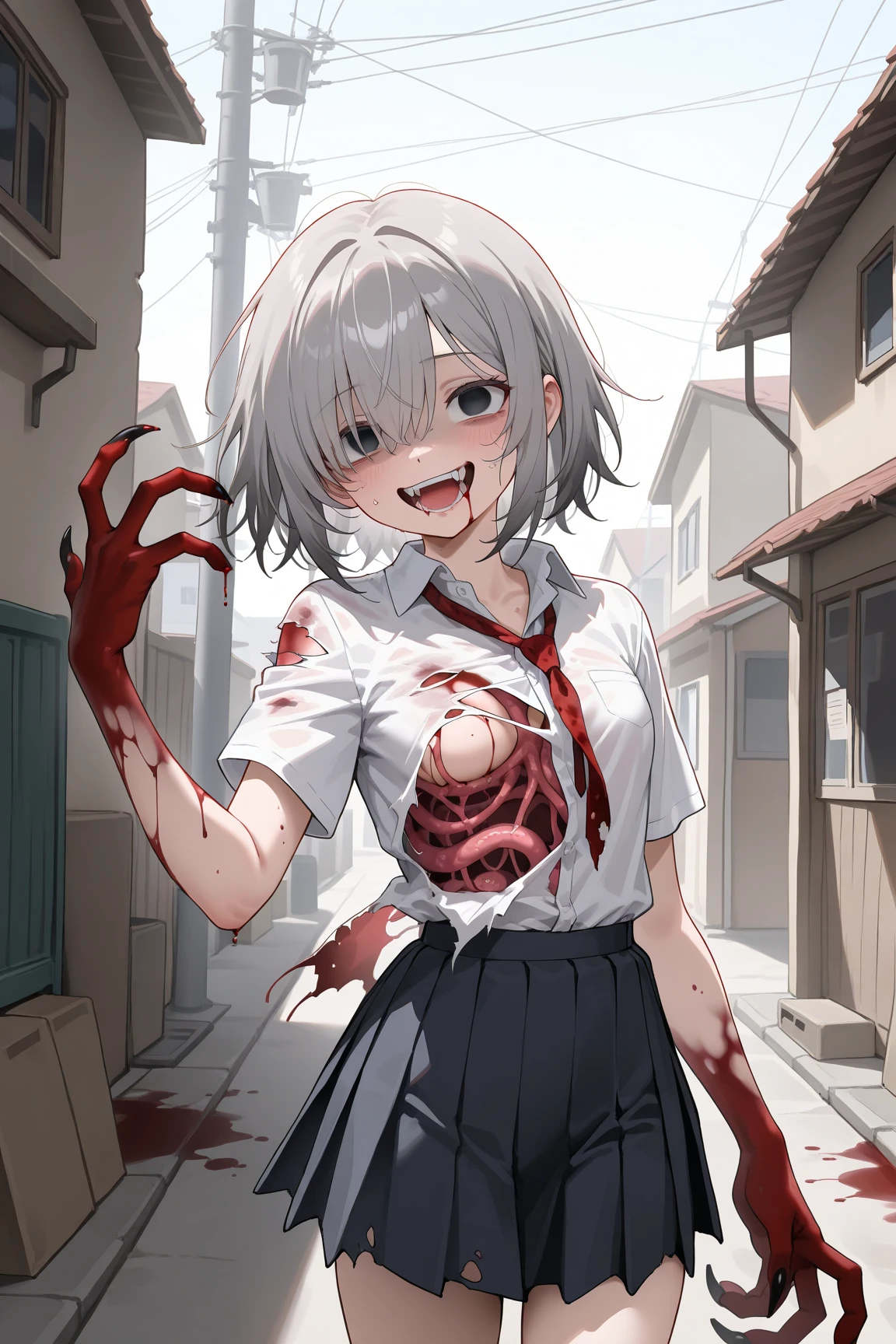 masterpiece, high quality, best detail, japanese anime illustration, a woman with light blue short hair, crazy look, creepy smile, blood splattered on face, collar, handcuffs, wearing a t-shirt and a hoodie, random pose, (dark depiction), (background:prison, blood stain)