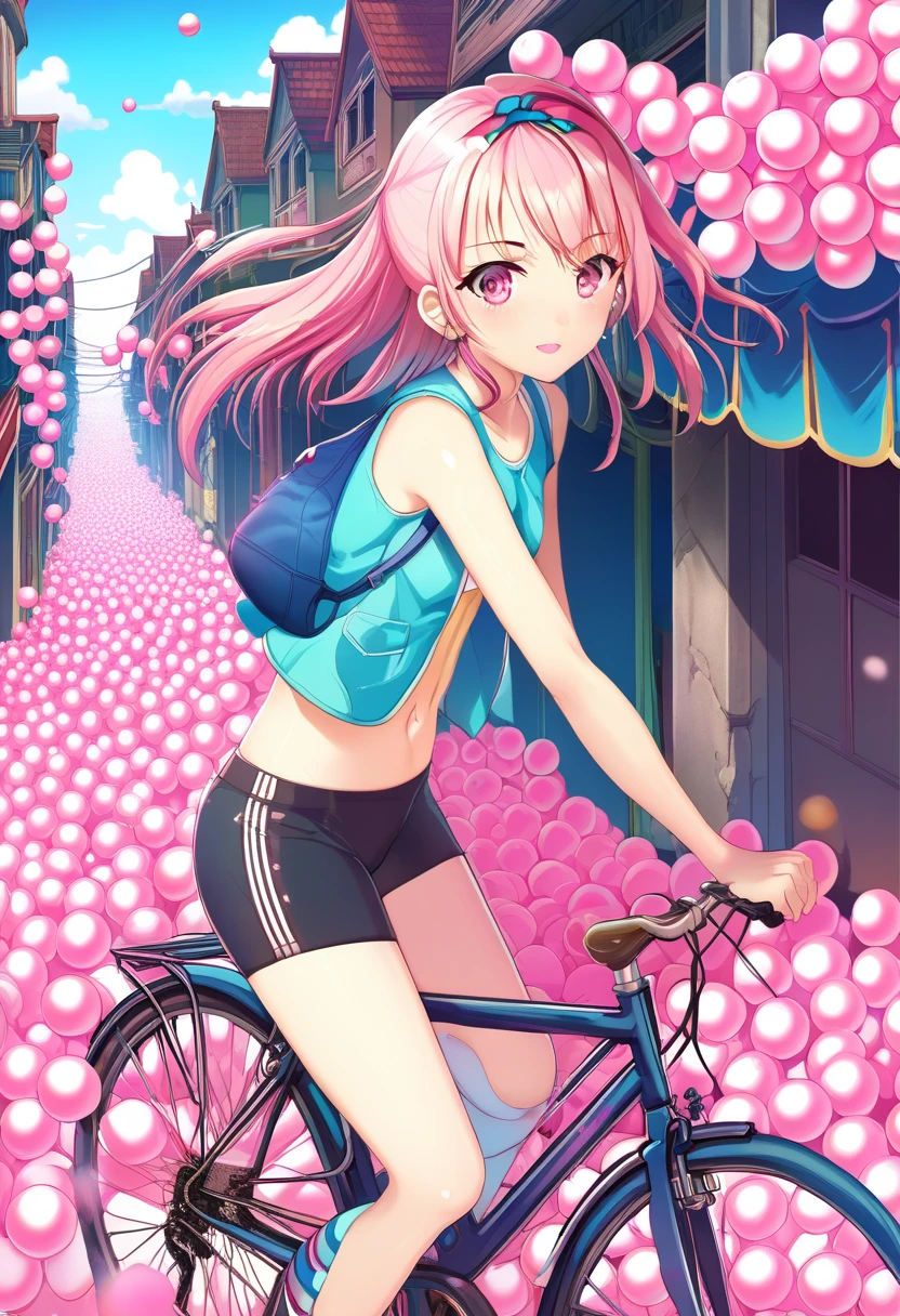cute anime girl rides a bicycle, in running shorts, short shorts, Canyon covered with pink biological cells
