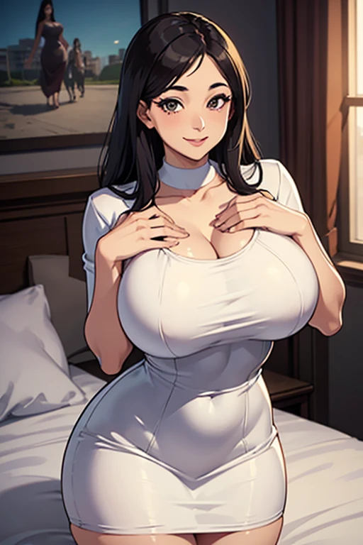 slim asian, long wavy hair, black hair, sidelocks, brown eyes, smiles, red lipstick (bimbo lips), slim waist, big breasts (giant breasts:1.1), wearing white blouse ((white attire)) and stockings, (puffy sleeves), ((blue ribbon, bowtie)), navy tennis skirt, waist belt, wide hips, bent over, from front, facing viewer, inside a mansion, dim lights, nighttime, wide shot ((masterpiece, ultra high res))