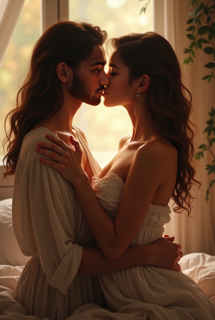 (photorealism:1.2), beautiful woman, sitting on bed, wearing loose off-shoulder top, pajama pants, long curly hair, indoors, soft lighting, kissing boyfriend, window with sunlight, cozy room, relaxed pose, realistic, intricate details, warm colors, by Greg Rutkowski, by Alphonse Mucha