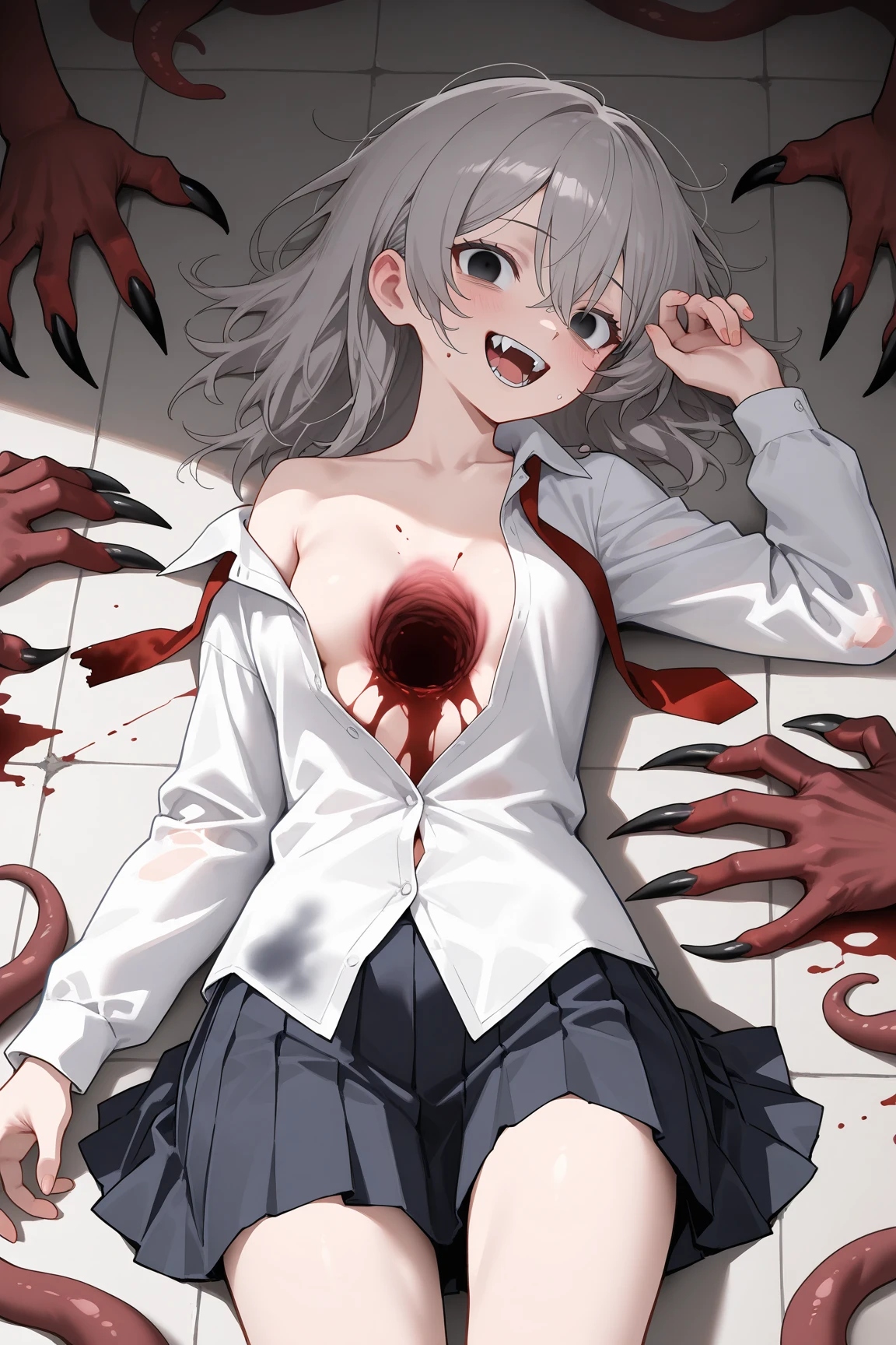nsfw, (1girl) (digital) (in detailed classroom, (nude)) , best quality, <lora:boldline:0.2> <lora:hairdetailer:0.2> monster girl, extra mouth, sharp teeth, bodyhorror, <lora:bodyhorror:1> horror \(style\)