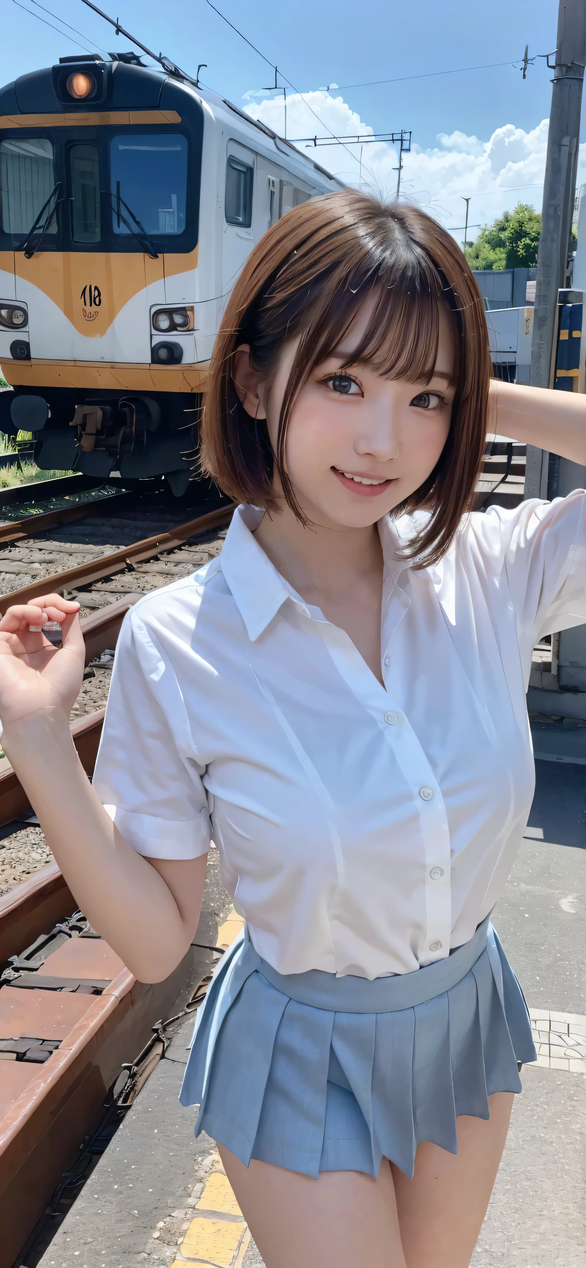 ((Best of the highest quality, 8k, Masterpiece: 1.3, raw photo)), Sharp focus: 1.2, (1 AESPA, slim body type female, 21 y/o: 1.1), (Solo: 1.2), (realistic, photo-realistic:1.37), face focus, cute face, finely eyes, (small breasts, flat chest, Thigh: 1.3), (short messy hair, bangs: 1.28), (cafe waitress uniform, panties: 1.32), waking terrace dining, sun light, flower