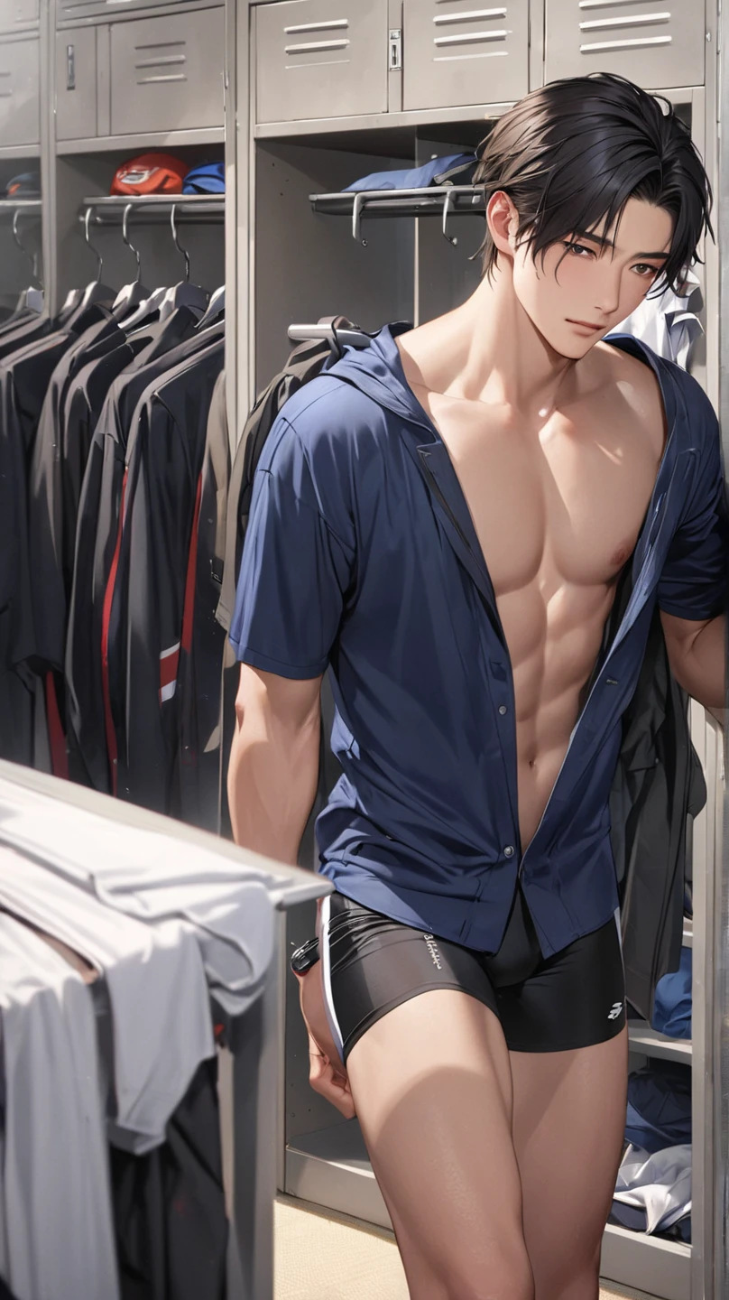 The coat is open，sport underwear，Leaking out of the chest