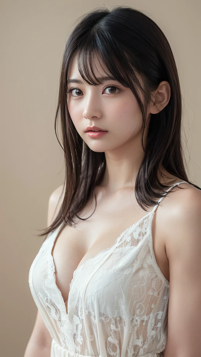 top-quality、masterpiece、Ulutra HD、(realisticlying:1.4)、OriginalPhoto、1 girl in、A dark-haired、shinny skin、a wet body、Dramatic Lighting、full body Esbian、Sheer white lace bra and panties、Devilish face