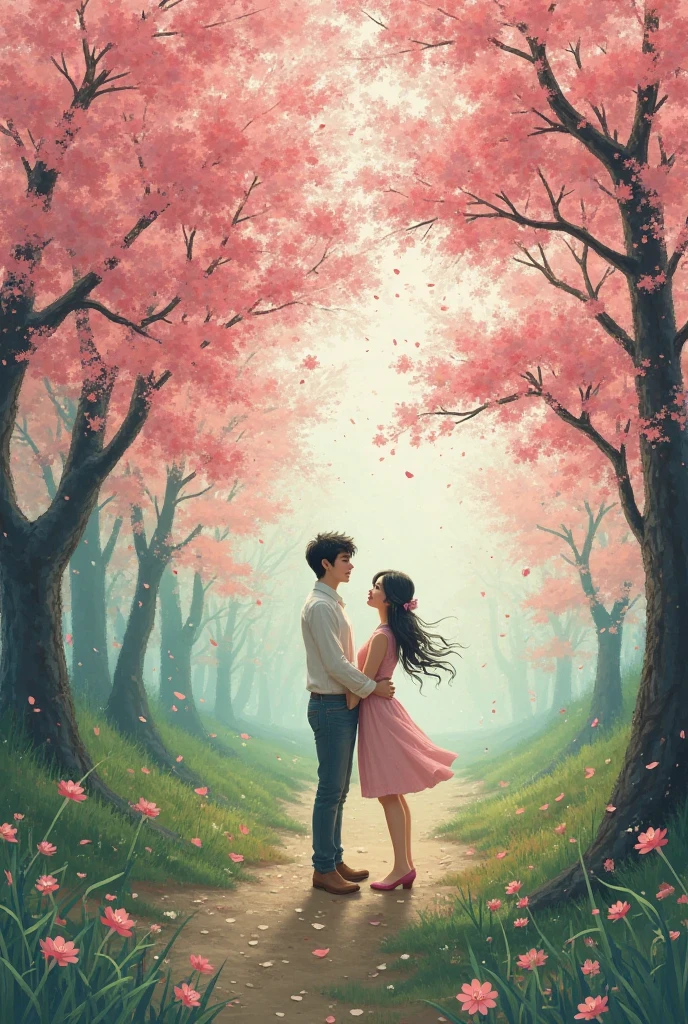 there are two people standing under a tree with hearts flying, concept art of love, cyril rolando and m. w kaluta, cyril rolando and m.w kaluta, man and woman in love, romantic simple path traced, romantic couple, a beautiful artwork illustration, official illustration, man and woman walking together, they are in love, buy have one sad guy sitting under a tree