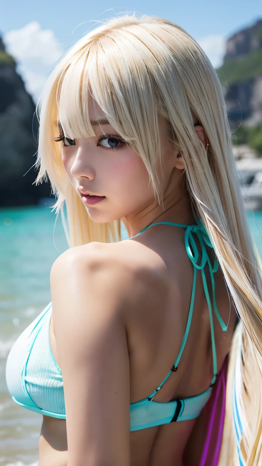 Asian blonde and brunette women lying on the beach with long green hair athletic body different poses and angles very short white transparent wet clothing very short with deep neckline and mirrors many mirrors