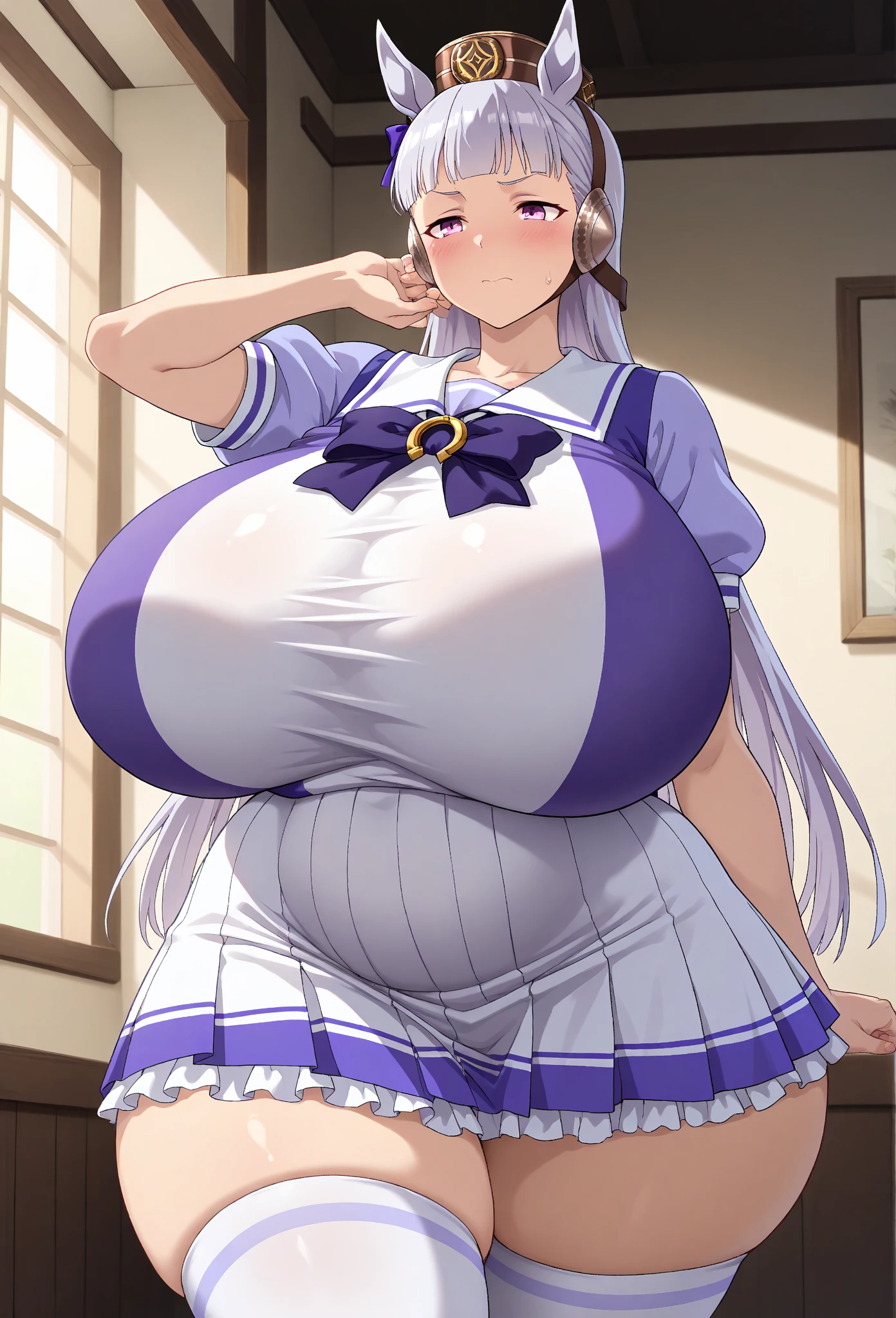 very long hair, thicc, very big breast, maid dress, pregnant, glasses