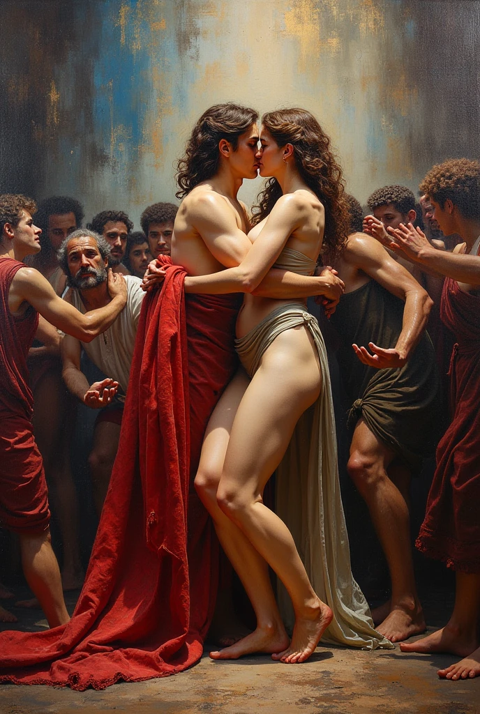 roman orgy, erotic scene, carassing, fondling, kissing, grabbing ass, grabbing breast, dynamic poses, crowded scene with adult man and woman, cleavage, see through clothes, cleavage, nsfw, spitroasting a girl between 2 guys