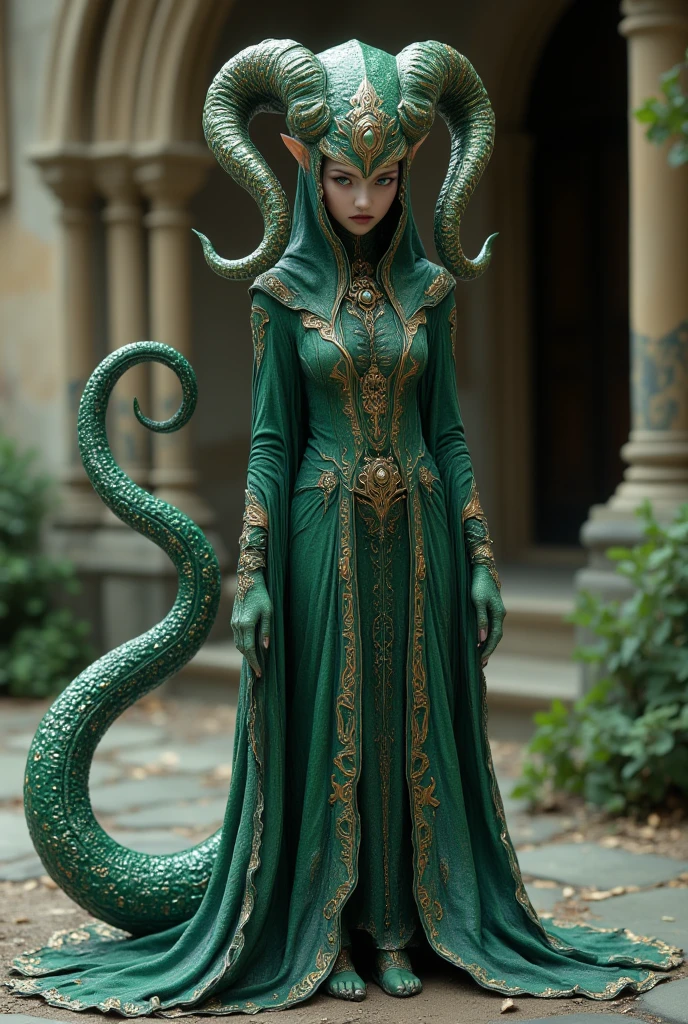 The full-length alien life form.With a beautiful woman's face,gold,silver pattern, moonstone ,small emerald,Malachite, Matte Finish .sharp tail.the floor is shaped like a green puddle, the otherworldly life form's cocoon.