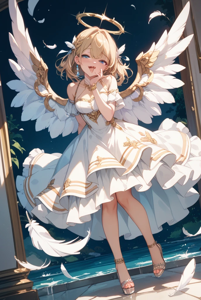 ((Masterpiece)), 1girl, flying through the sky, (sakura_kinomoto:sakura card captors), white leotard, white pleated skirt, pink tight gloves, ruffled stockings, beautiful wings, perfect body, sexy body, petite, super beautiful, panorama, side view, looking away, ((good anatomy, normal anatomy)), ((good hands)), ((good fingers)), ((good feet)), highly detailed, best quality, masterpiece, absurderes, cinematic lightning