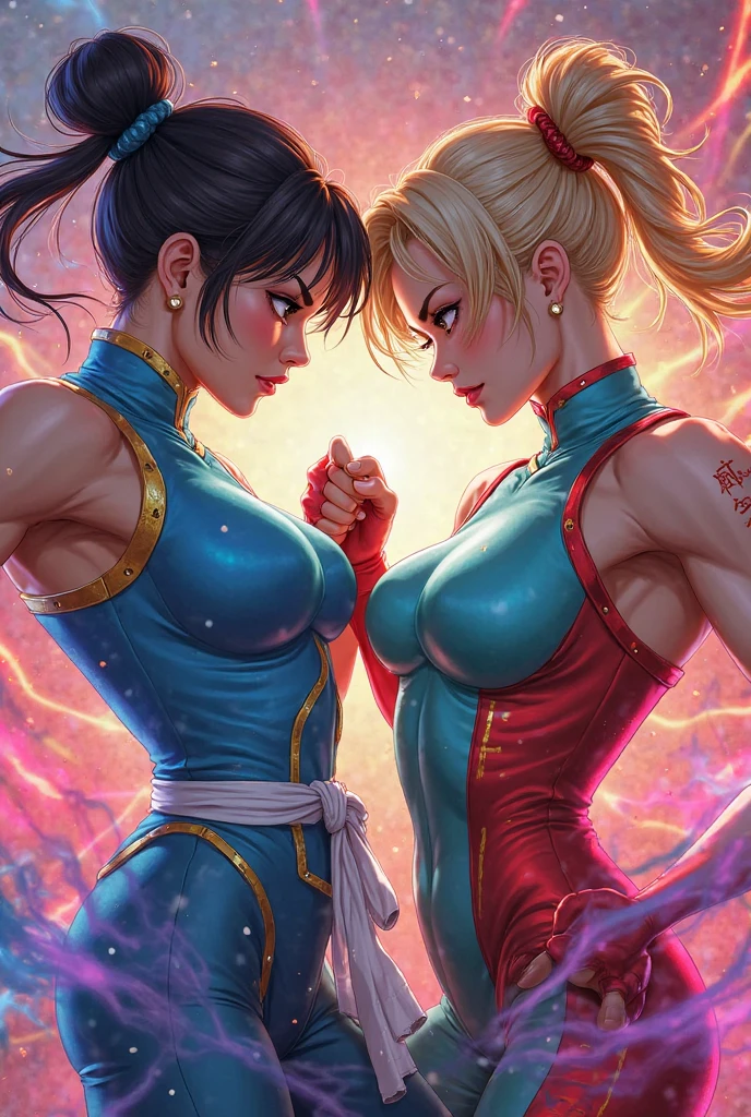 (best quality,4k,highres,masterpiece:1.2),ultra-detailed,(realistic:1.37) A pair of cute, athletic, exotically dressed with bright colors, Japanese women, wrestle each other in a stadium wrestling ring,under the dazzling lights. The women have intricate face paint and wear vibrant costumes that showcase their individuality. They have (long, flowing hair), and their eyes are (expressive and captivating:1.1). The ring is surrounded by cheering spectators who are on the edge of their seats, adding to the atmosphere of excitement. The stadium is filled with top-notch studio lighting that highlights every muscle and movement of the wrestlers. The scene is depicted in a (striking, vibrant:1.1) art style, with intense colors that enhance the energy and fierceness of the wrestling match. The lighting casts dramatic shadows and emphasizes the power and determination of the wrestlers. The women exhibit exceptional strength and agility as they engage in various (graceful balletic movements) and (powerful throws). The intensity of their match is enhanced by the use of (slow motion techniques). The entire scene exudes a sense of (jaw-dropping athleticism and elegance) as the women showcase their skill and passion for the sport.
