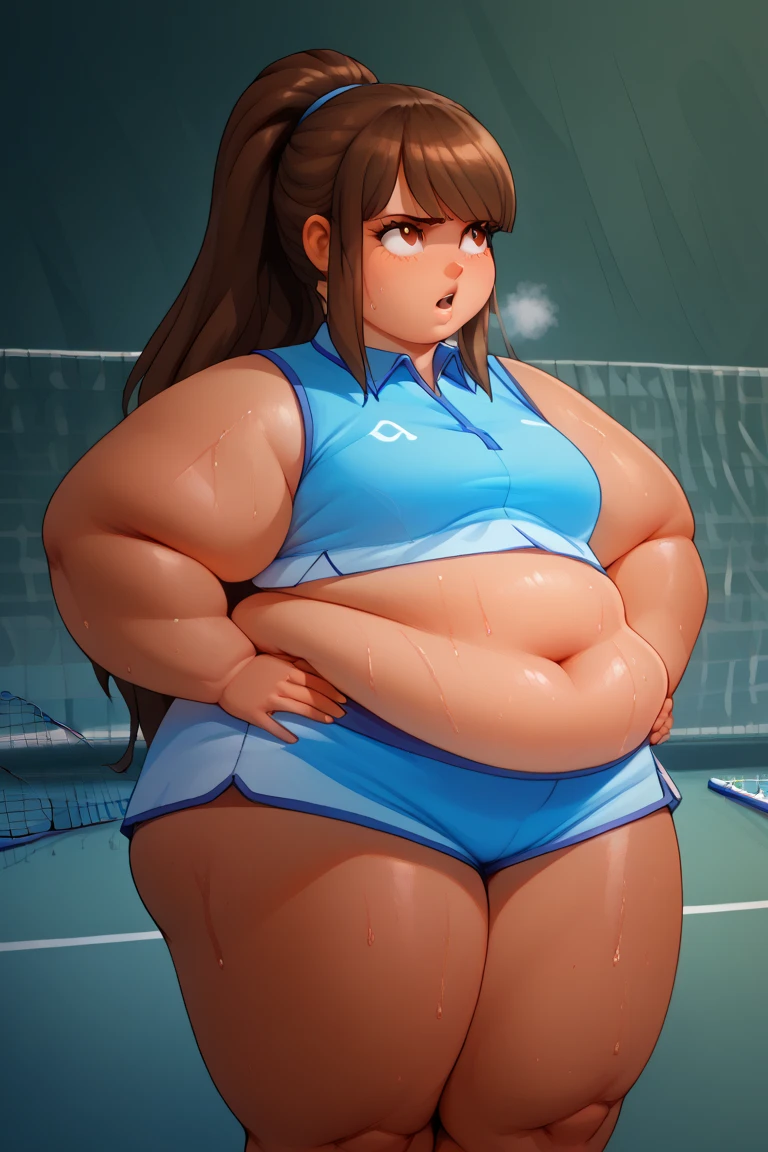 Closeup of a woman in a sport outfit, sport bra, shorts, sweaty clothes, sweaty, curvy, busty, smirk, evil, thick thighs, view from below, towering, looking at viewer