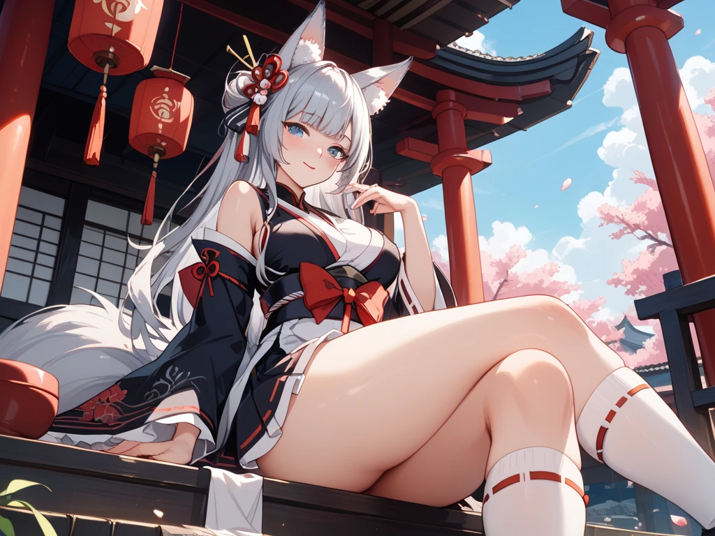 1 girl、Cute red and white shrine maiden costume, long gray hair, twin tails and bangs, Japan Traditional Hair Ornaments, cleavage, Shrine under the full moon night sky, sitting, white thigh high stockings, Lotus pond, Cherry Blossom、smile